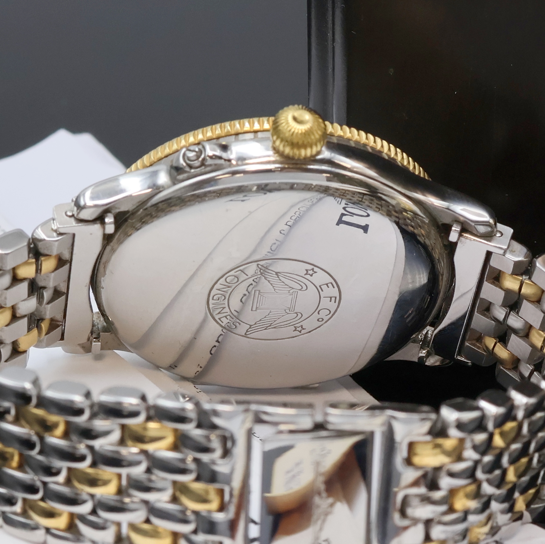 Detail d: LONGINES Hour Angle Watch Designed by Charles A. Lindbergh Referenz 989.5215, Schweiz um 1990, Automatik, Geh. nach altem Vorbild, Edelstahl/Gold ...