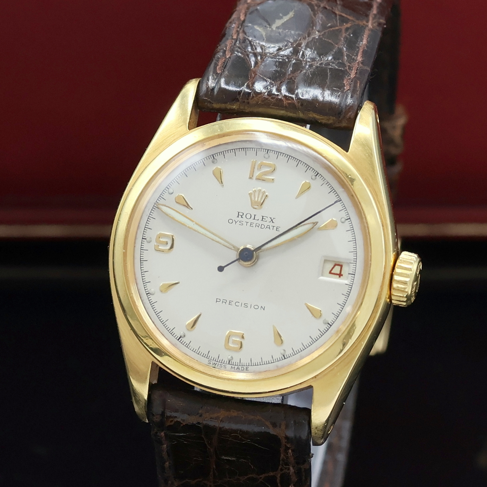 Detail a: ROLEX Armbanduhr Oysterdate Precision Referenz 6066, Schweiz 1950er Jahre, Handaufzug, verg. Geh., Edelstahlboden verschr., Rolex Lederband und Rolex ...