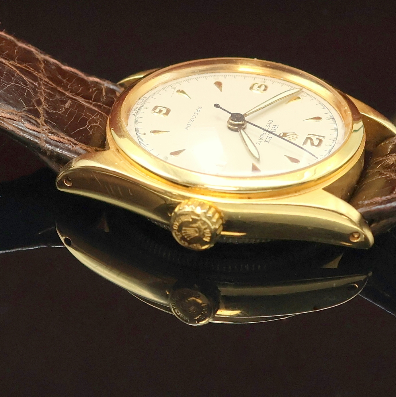 Detail d: ROLEX Armbanduhr Oysterdate Precision Referenz 6066, Schweiz 1950er Jahre, Handaufzug, verg. Geh., Edelstahlboden verschr., Rolex Lederband und Rolex ...