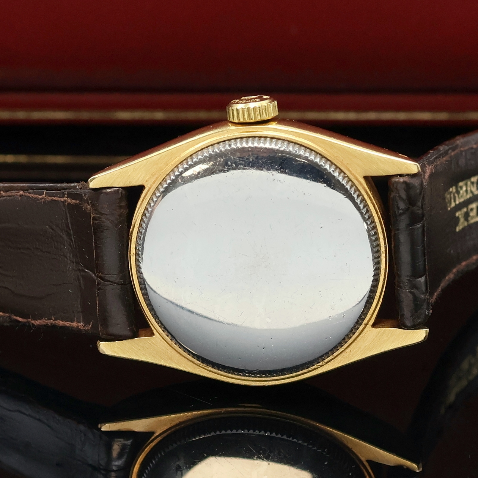 Detail e: ROLEX Armbanduhr Oysterdate Precision Referenz 6066, Schweiz 1950er Jahre, Handaufzug, verg. Geh., Edelstahlboden verschr., Rolex Lederband und Rolex ...