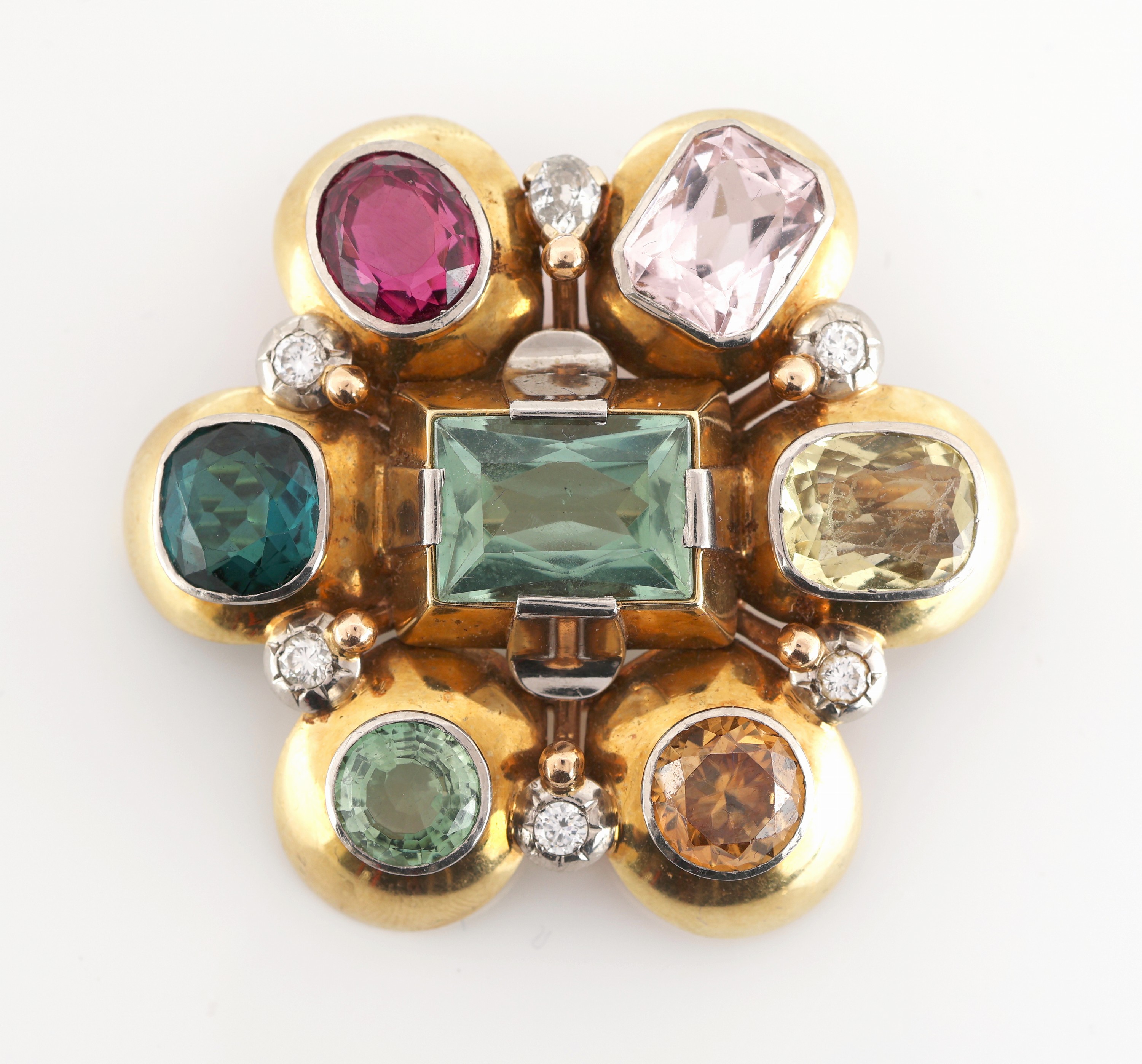Detail a: Ausgefallene 14 kt Gold Farbstein-Diamant- Blüten-Brosche, deutsch 1950er-60er Jahre, GG/WG 585/000, qualitätvolle Goldschmiedearbeit, 7 facett. ...