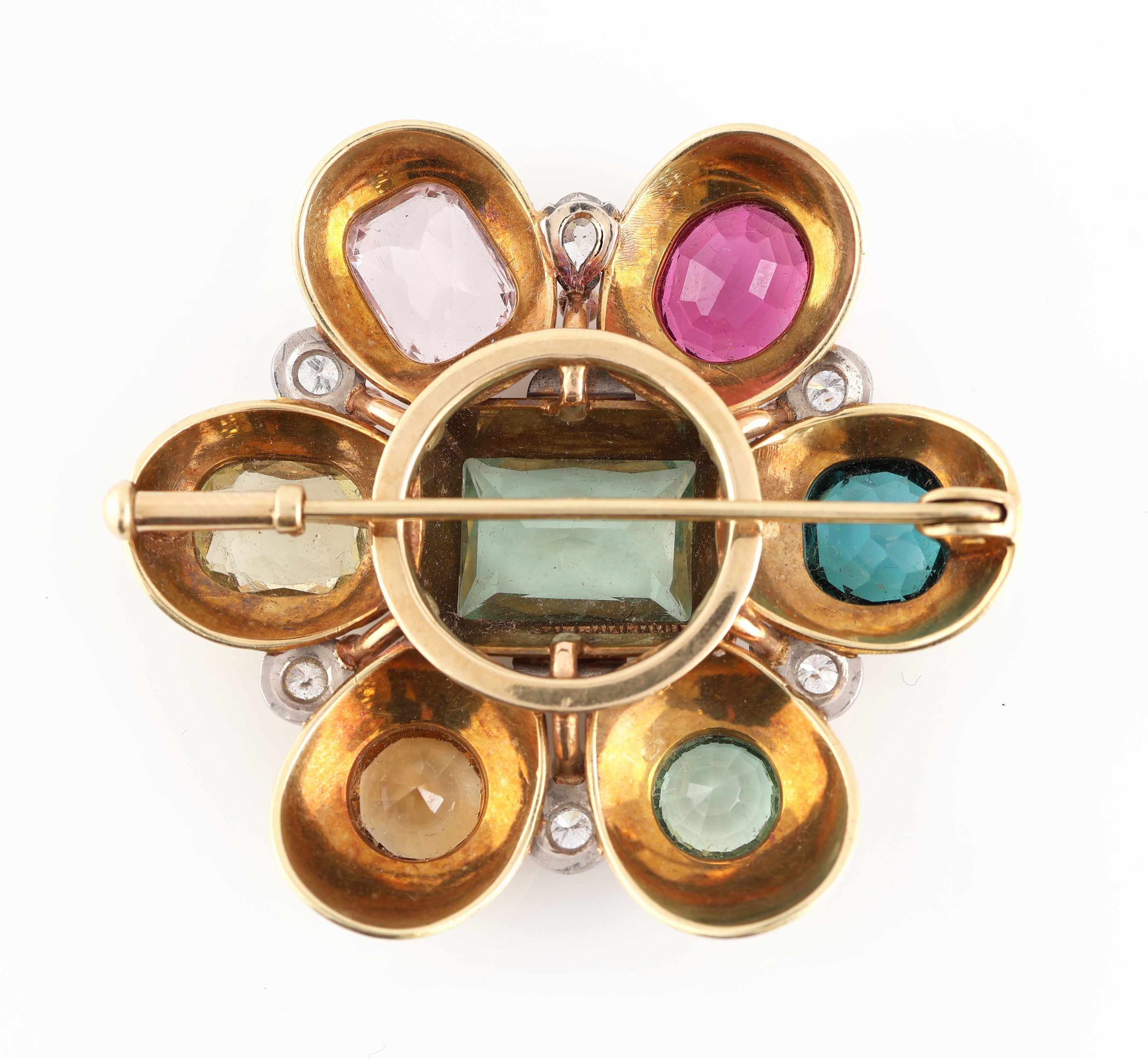Detail b: Ausgefallene 14 kt Gold Farbstein-Diamant- Blüten-Brosche, deutsch 1950er-60er Jahre, GG/WG 585/000, qualitätvolle Goldschmiedearbeit, 7 facett. ...