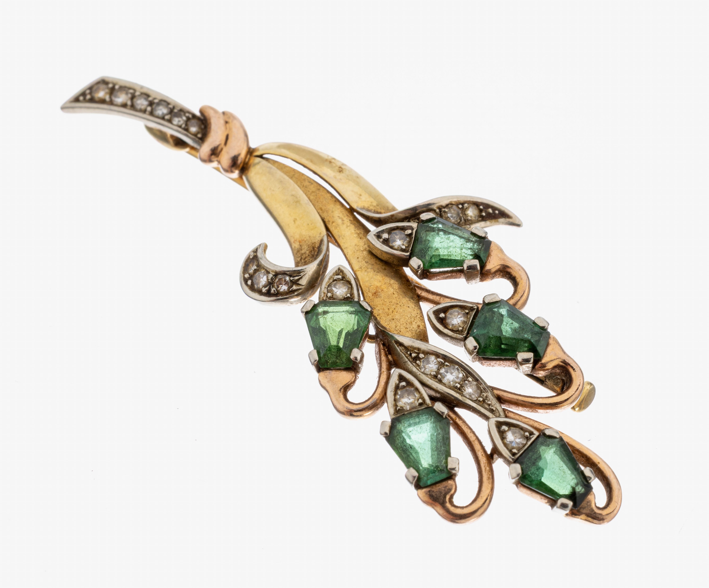 Image 27060939 - 14 kt Gold Turmalin-Diamant-Brosche, deutsch 1950er Jahre, GG/WG 585/000, florale ...