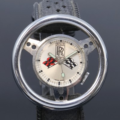 27060918a - 2 Armbanduhren in Form eines Lenkrades, Schweiz 1960er Jahre, Handaufzug, verchromte ...