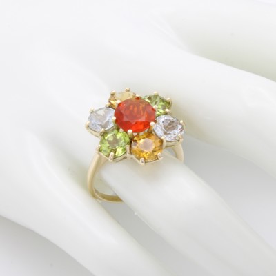 27060932b - Ring mit Farbsteinen, GG 585/000, fac. Aquamarine, Citrine, Peridots und ein Feueropal ...
