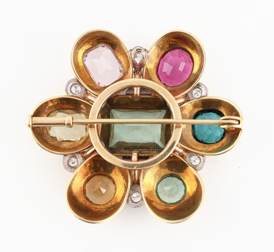 27060938b - Ausgefallene 14 kt Gold Farbstein-Diamant- Blüten-Brosche, deutsch 1950er-60er Jahre, ...