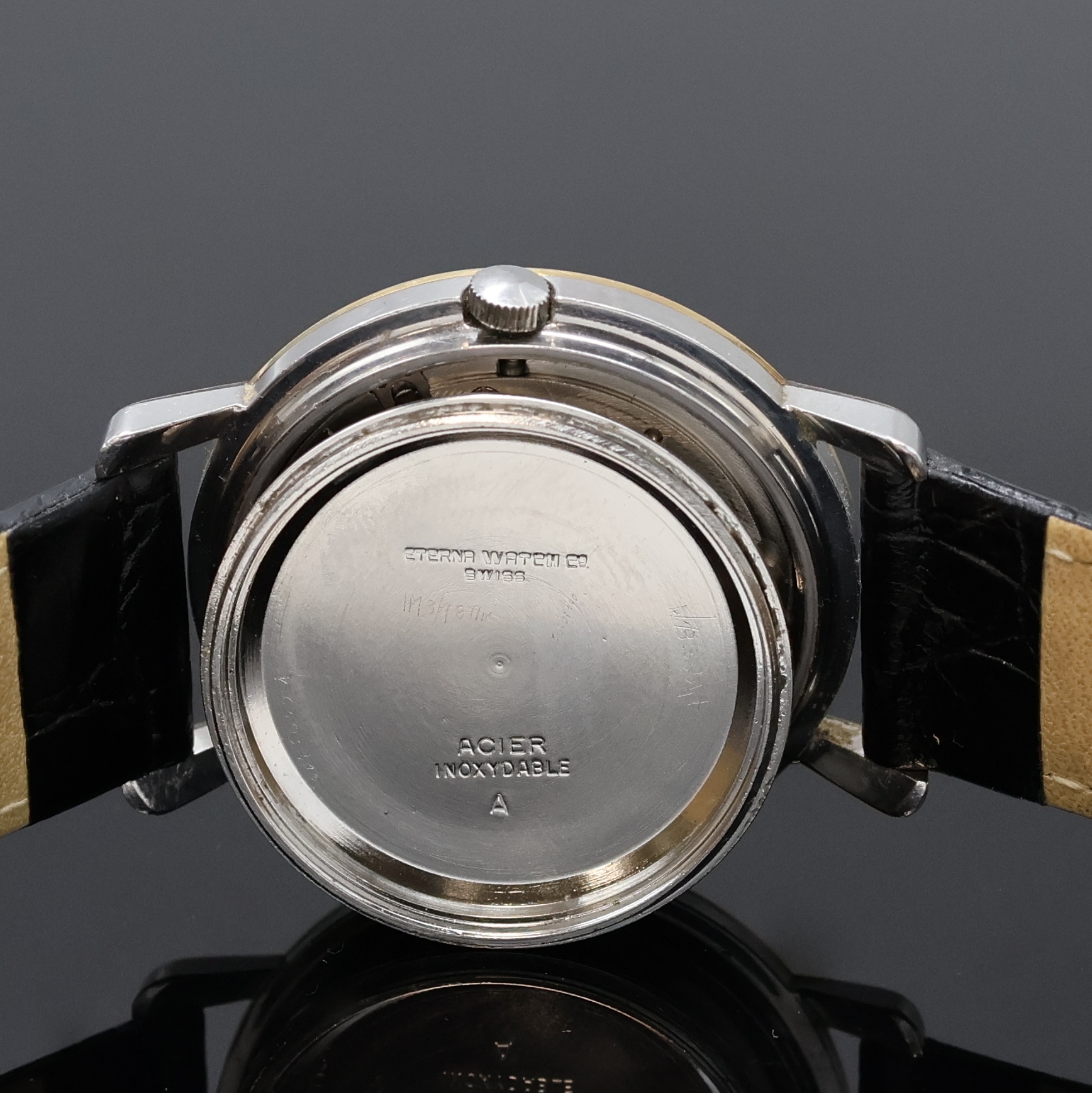 Detail f: ETERNA-MATIC Chronometer Armbanduhr, Schweiz um 1958, Automatik, Edelstahlgeh., Lünette wie Bandanst. mit Goldhaube, vers. Zifferblatt m. aufges. ...