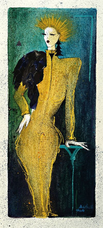 Image Monika Dawidowski, 1951 Miltenberg Radierung mit Collage, Frau im gelben Kleid, ...