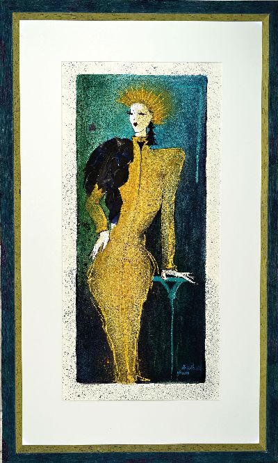 27061031k - Monika Dawidowski, 1951 Miltenberg Radierung mit Collage, Frau im gelben Kleid, ...