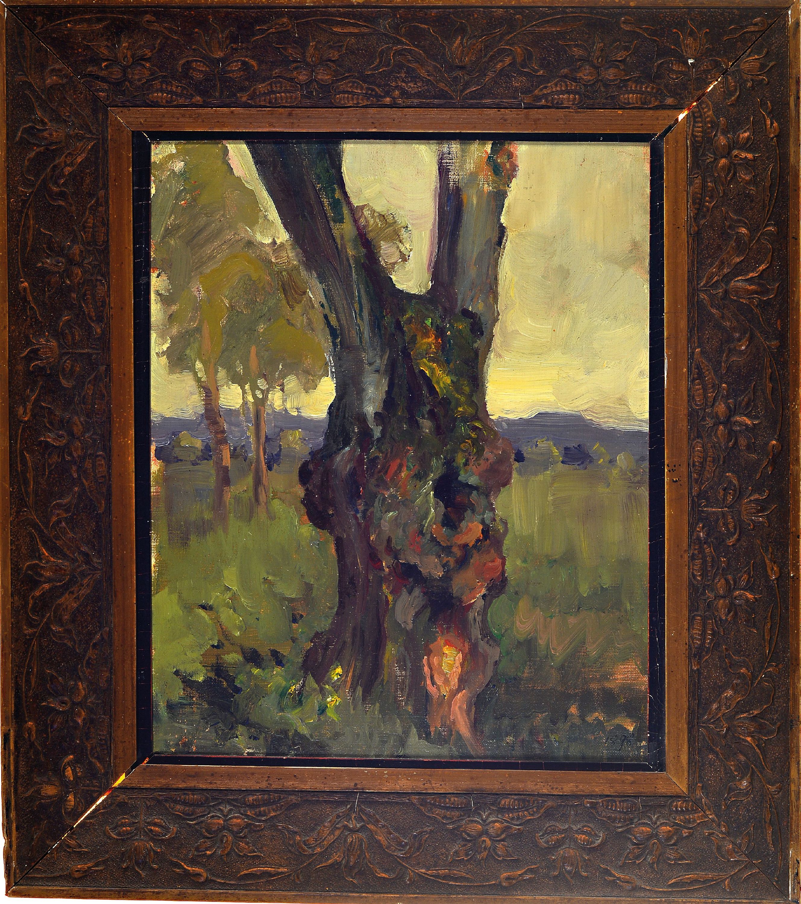 Detail k: Maria Kreichgauer, 1874-1952 Rheinzabern, Knorriger Baum in Wiesenlandschaft, Öl/ Malkarton, rechts unten dat. 1898, verso Nachlaßstempel, ca. ...