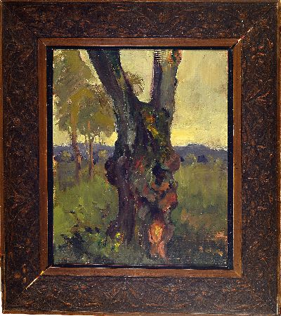 27061114k - Maria Kreichgauer, 1874-1952 Rheinzabern, Knorriger Baum in Wiesenlandschaft, Öl/ ...