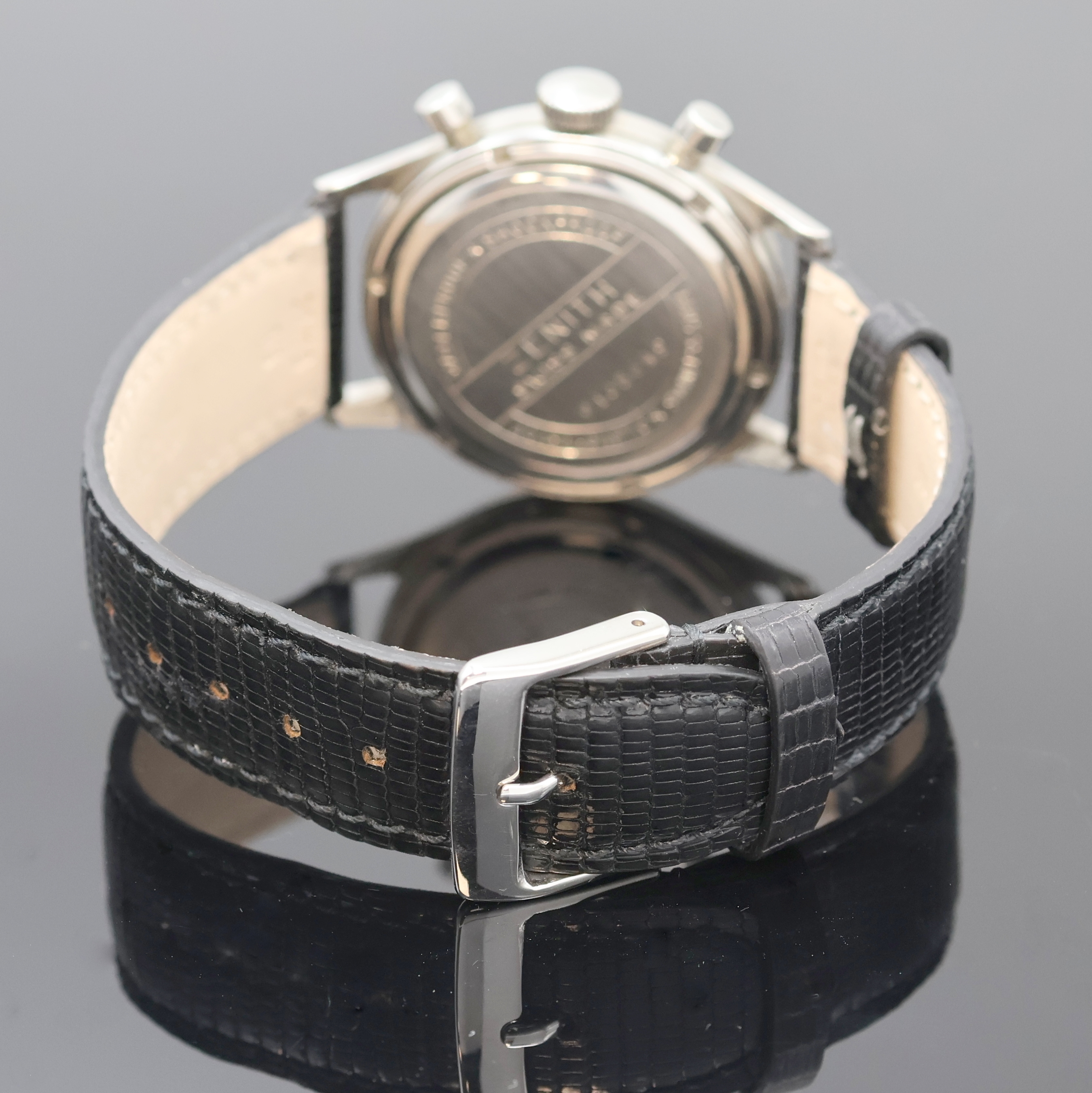 Detail b: ZENITH seltener Military Schaltradchronograph in Stahl, Schweiz 1950er Jahre, Handaufzug, Boden verschr., schwarzes Kontrastzifferbl. rest., vers. ...