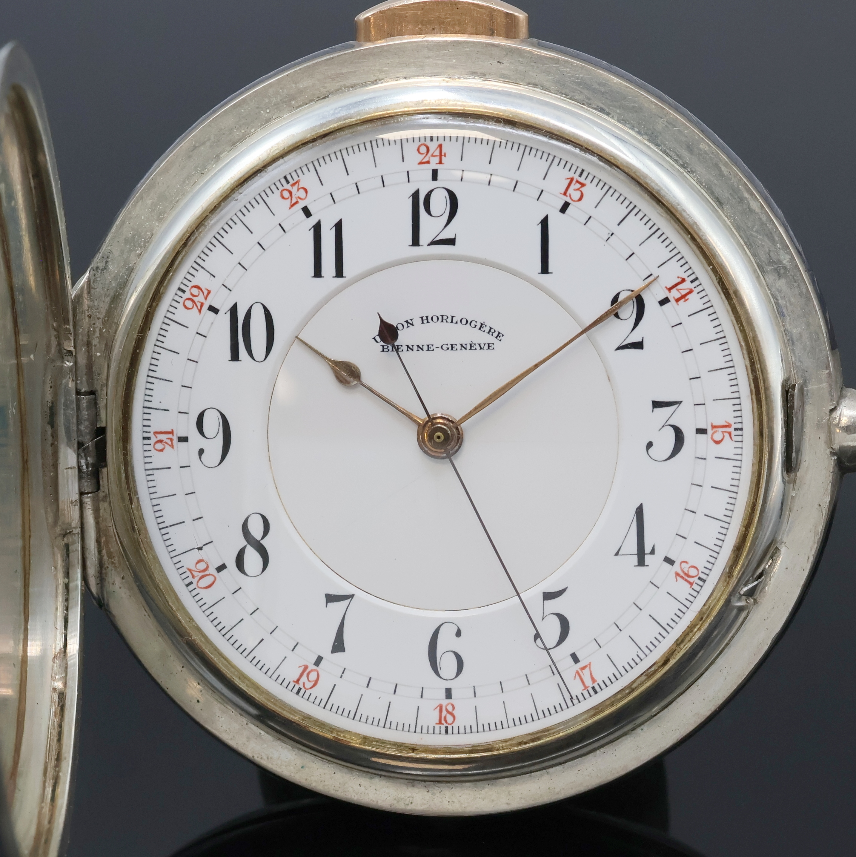Detail a: UNION HORLOGERE Herrensavonette in Tula- Silber mit Minutenrepetition und Zentralsekunde, Schweiz um 1900, Geh. l. besch., Silbercuvette, 2 ...