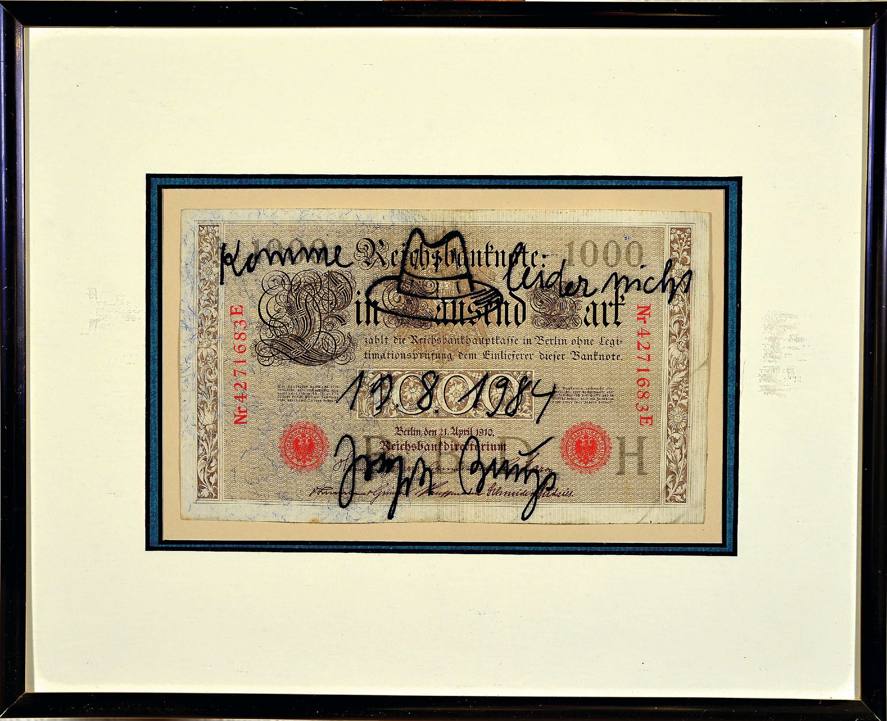 Detail k: Joseph Beuys, 1921 Krefeld-1986 Düsseldorf, Multiple, "Komme leider nicht - 19.8.1984", mit Skizze des ikonischen Filzhutes, ...