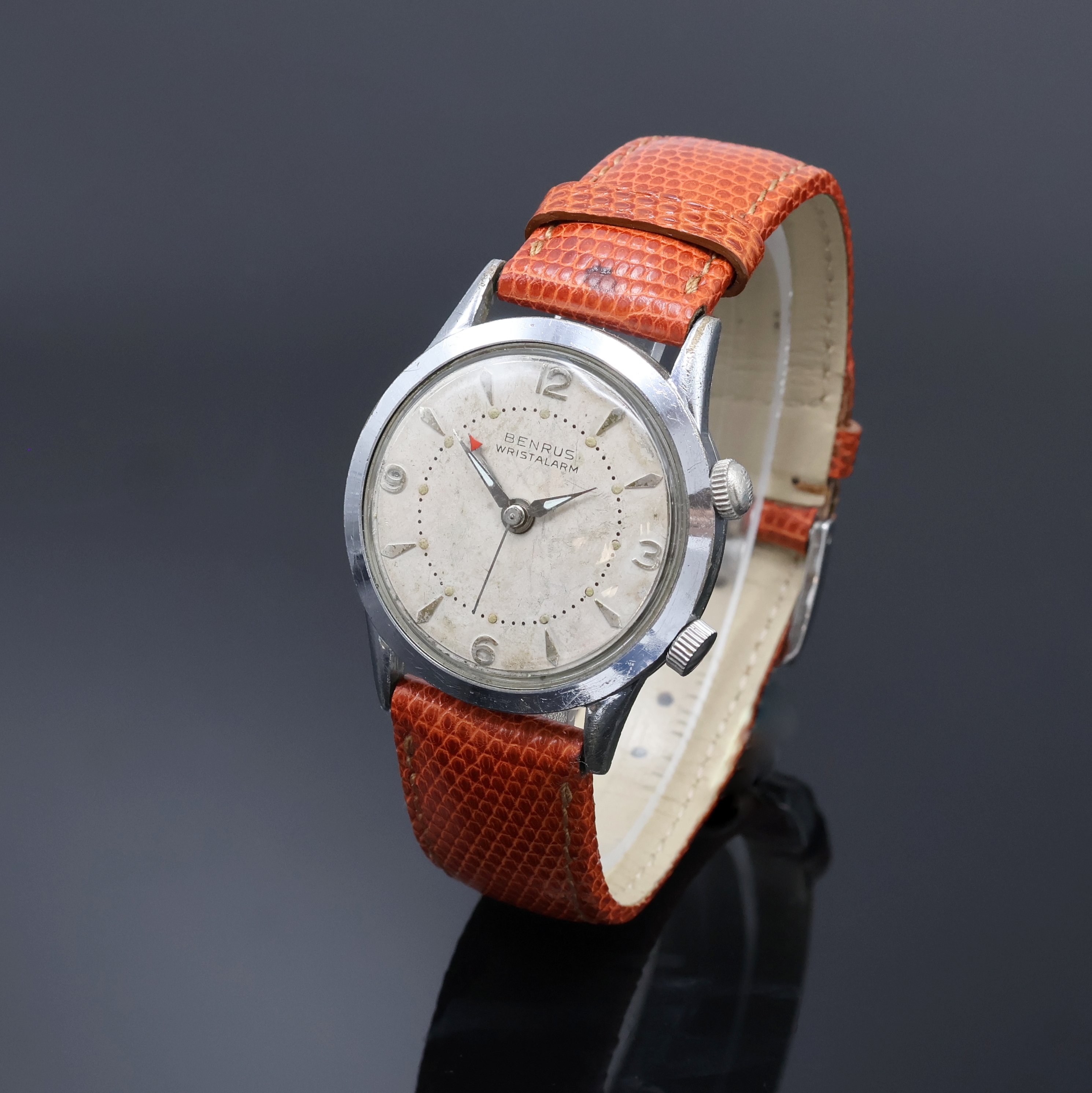 Image 27061575 - BENRUS Armbandwecker, Schweiz um 1960, Handaufzug, verchr. Geh., Krone b. 2 f. Weckzeit, ...