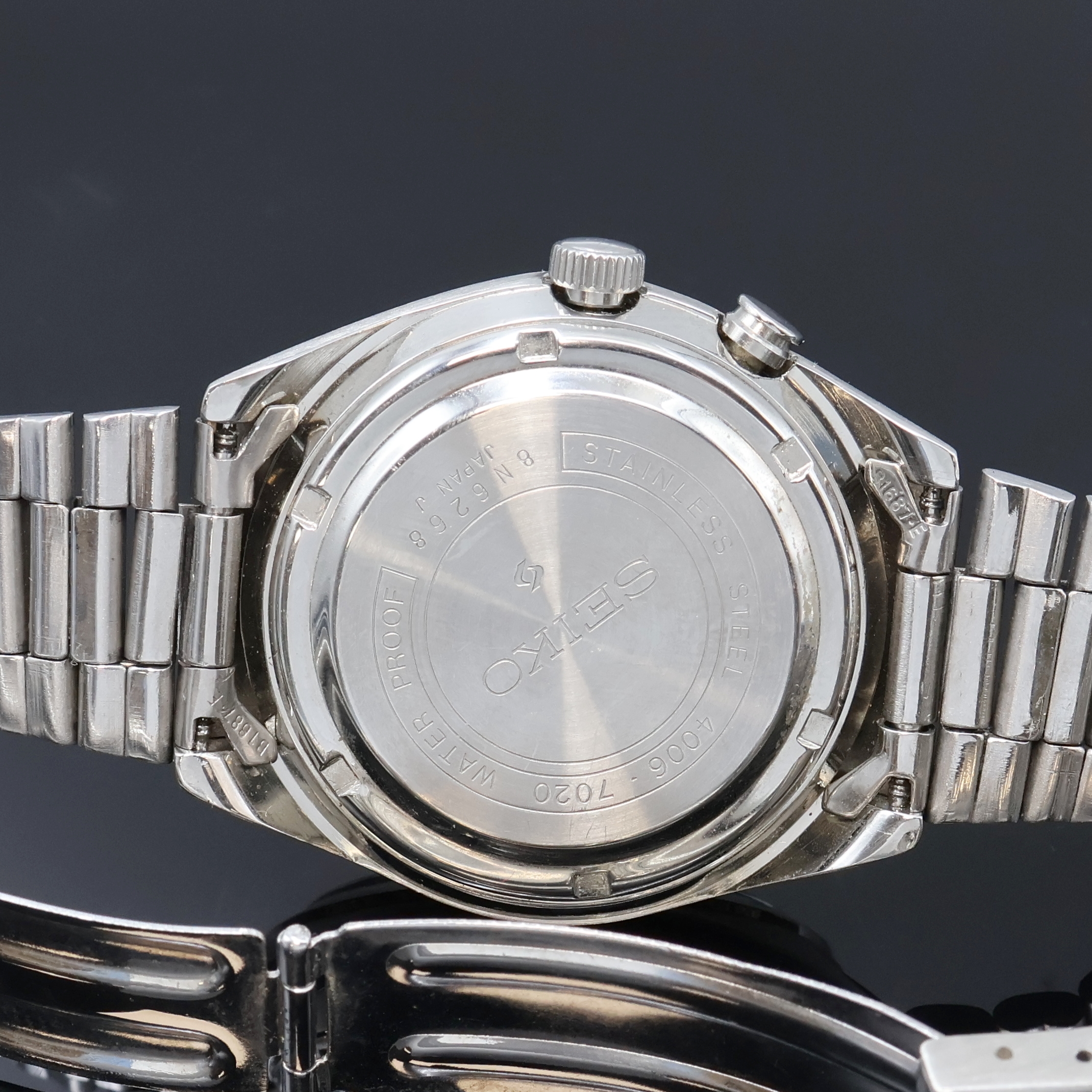 Detail d: SEIKO Bell-Matic Herrenarmbanduhr mit Wecker in Stahl Referenz 4006-7020, Japan um 1970, Automatik, orig. Gliederband m. Faltschl., Boden verschr., ...