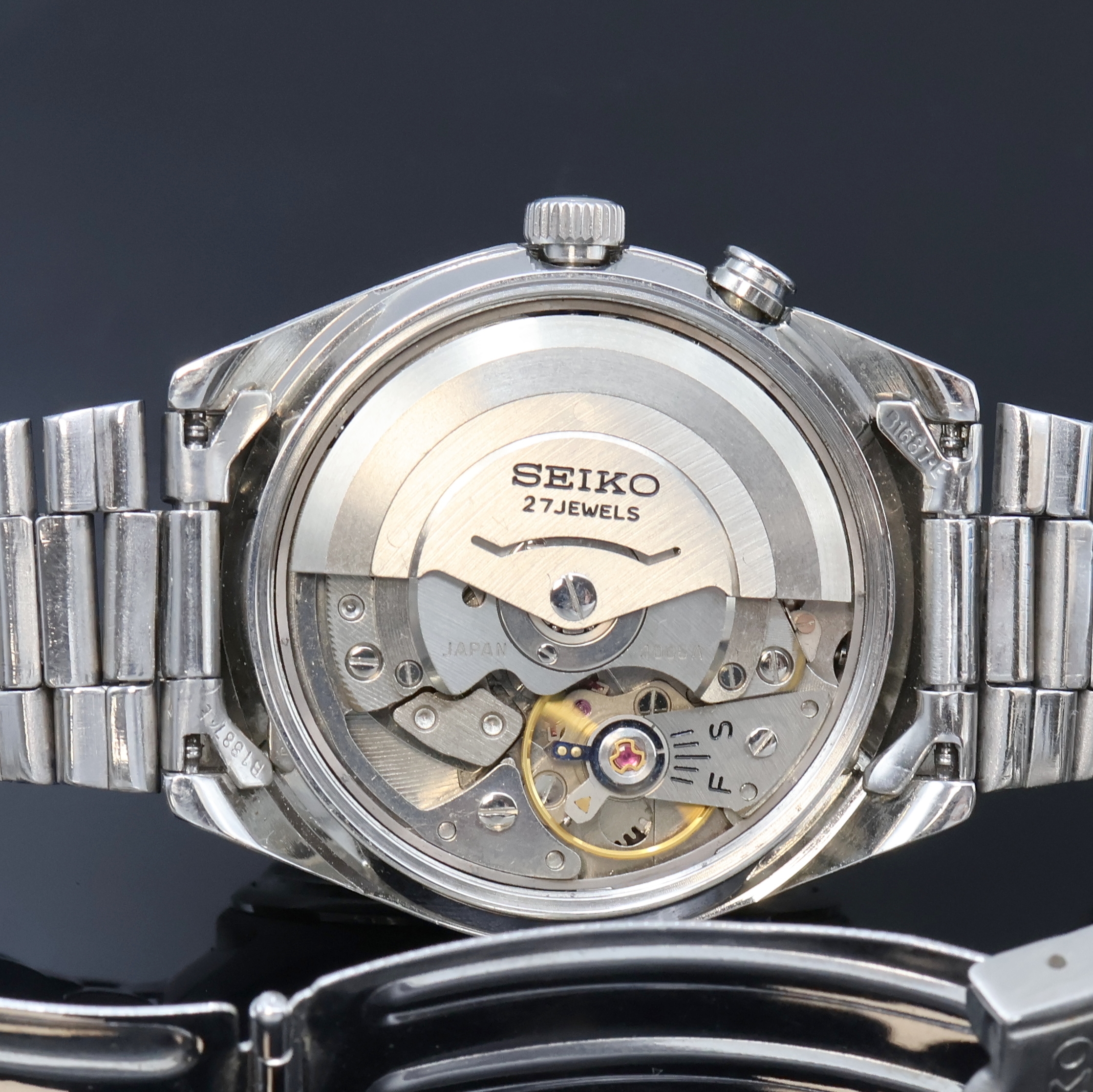 Detail e: SEIKO Bell-Matic Herrenarmbanduhr mit Wecker in Stahl Referenz 4006-7020, Japan um 1970, Automatik, orig. Gliederband m. Faltschl., Boden verschr., ...