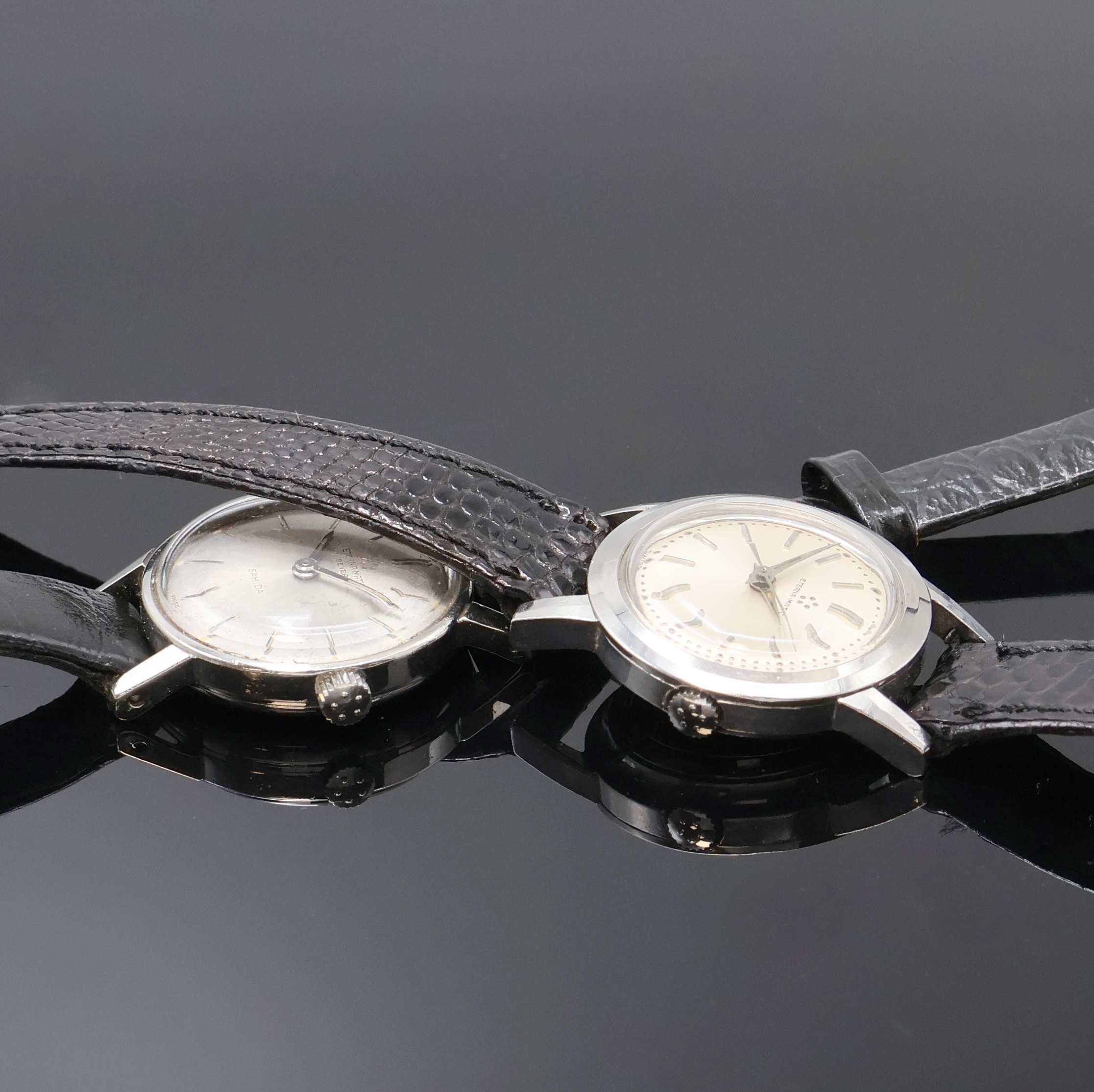 Detail c: ETERNA-MATIC 2 Damenarmbanduhren in Stahl, Schweiz um 1960, Automatik, 1x Modell Sahida, Böden verschr. u. gedr., silb. Zifferblätter, 1x m. Beyer ...