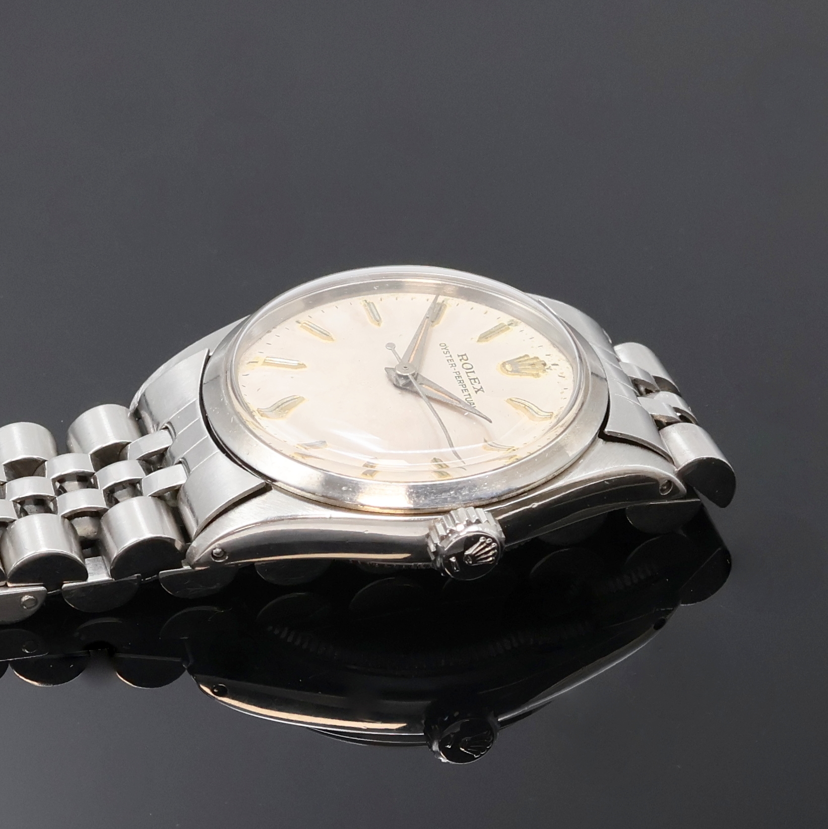 Detail c: ROLEX Oyster Perpetual Armbanduhr in Stahl Referenz 6549, Schweiz laut Bodenstempel 2. Quartal 1961, Automatik, Boden u. Krone verschr., späteres ...