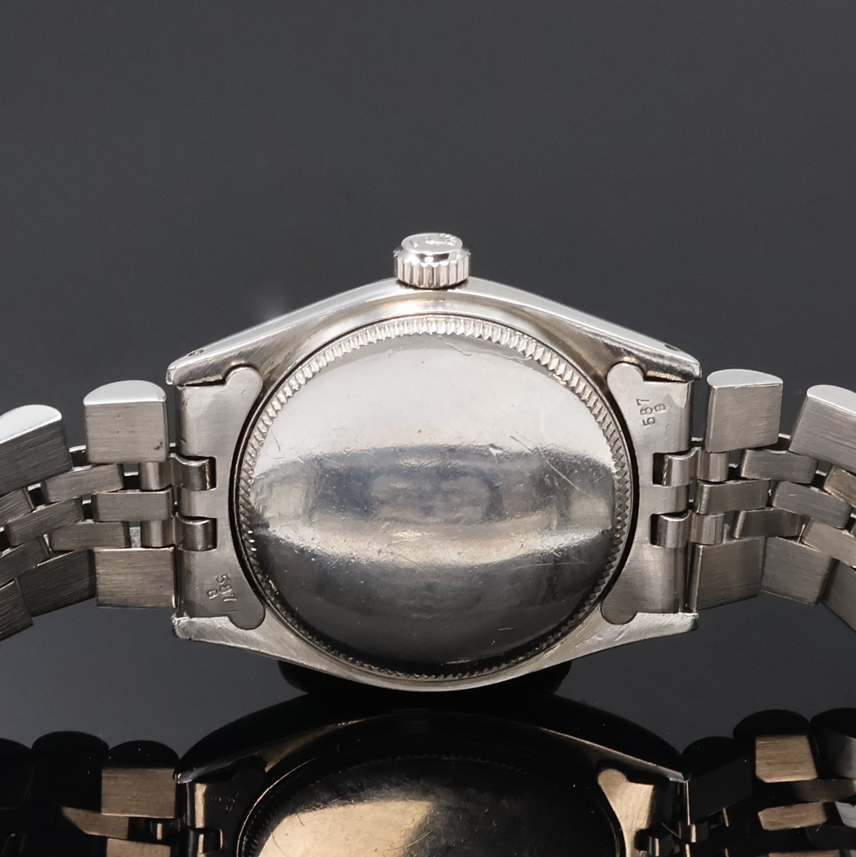 Detail e: ROLEX Oyster Perpetual Armbanduhr in Stahl Referenz 6549, Schweiz laut Bodenstempel 2. Quartal 1961, Automatik, Boden u. Krone verschr., späteres ...