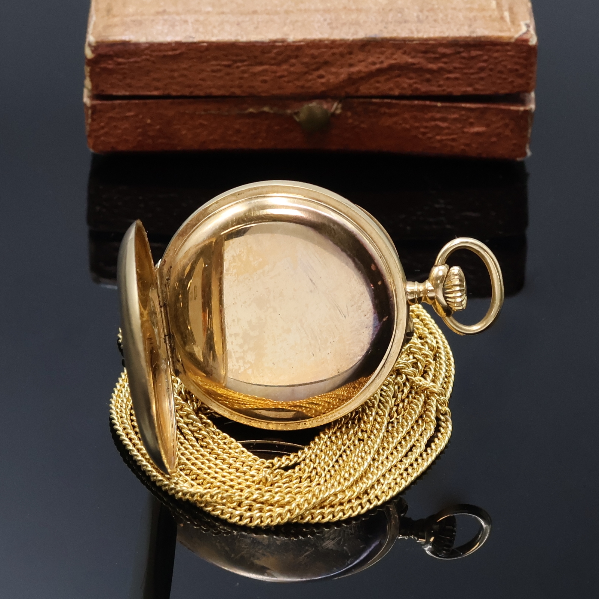 Detail c: ALEX HÜNING offene Damentaschenuhr in GG 750/000 mit Kette in GG 585/000, Schweiz um 1910, glattes Geh., Metallcuvette, Emailzifferbl. m. ...