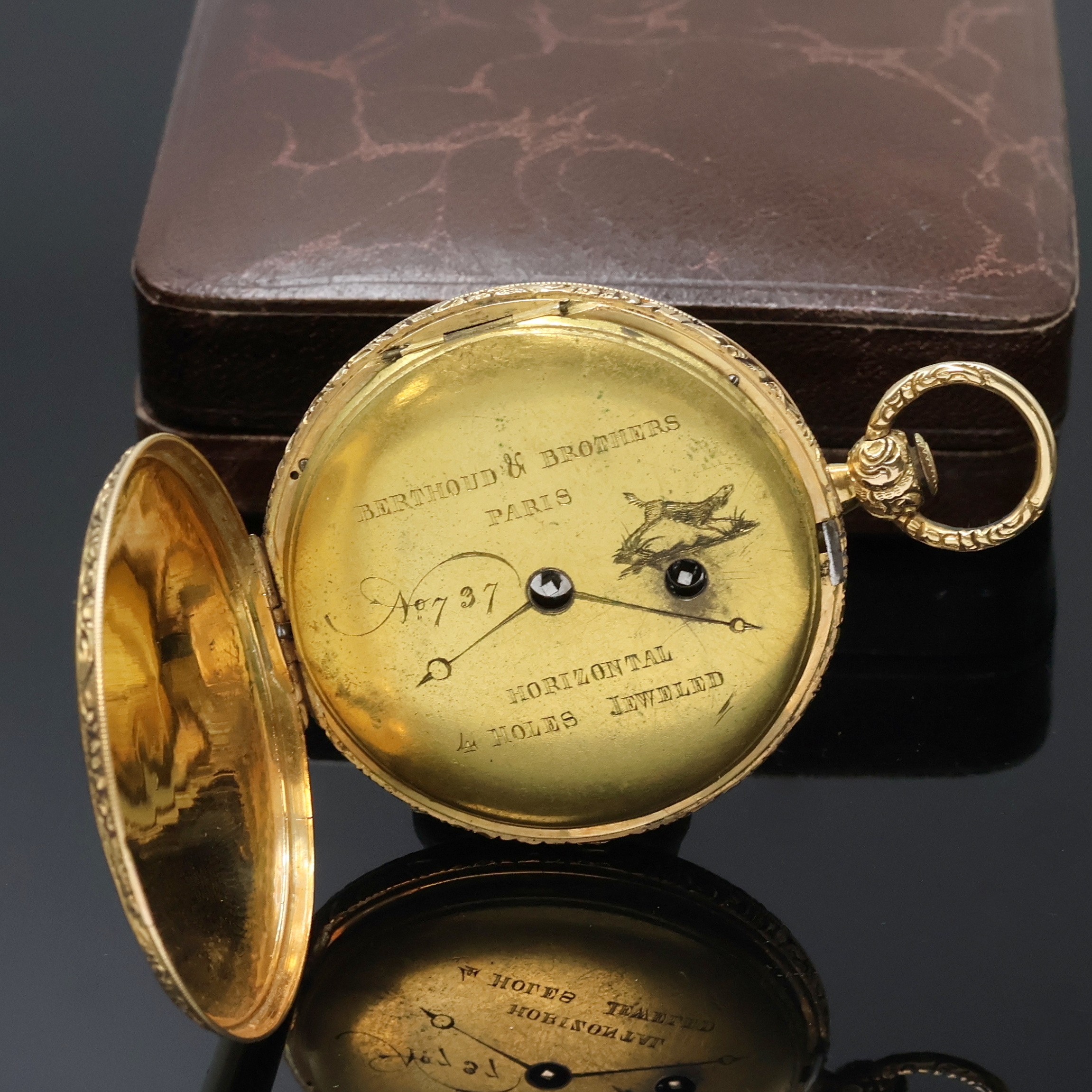 Detail c: BERTHOUD & BROTHERS Paris offene Taschenuhr in GG 750/000, Schweiz um 1830, Schlüsselaufzug, guill. u. grav. Geh., Metallcuvette, silb. Zifferbl. m. ...