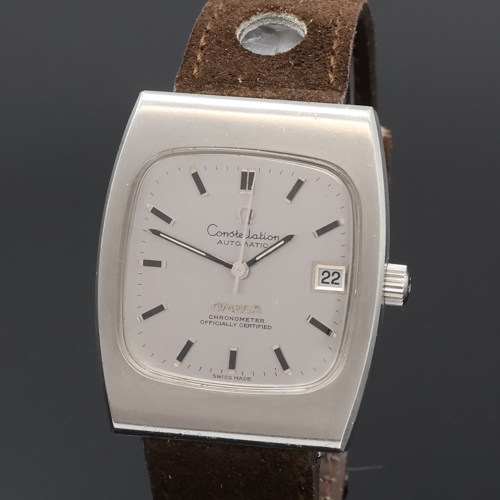 Detail a: OMEGA Constellation Armbandchronometer in Edelstahl Referenz 168.044, Schweiz um 1969, Automatik, rechteck., 3-teil. Geh. inkl. Lederband m. orig. ...
