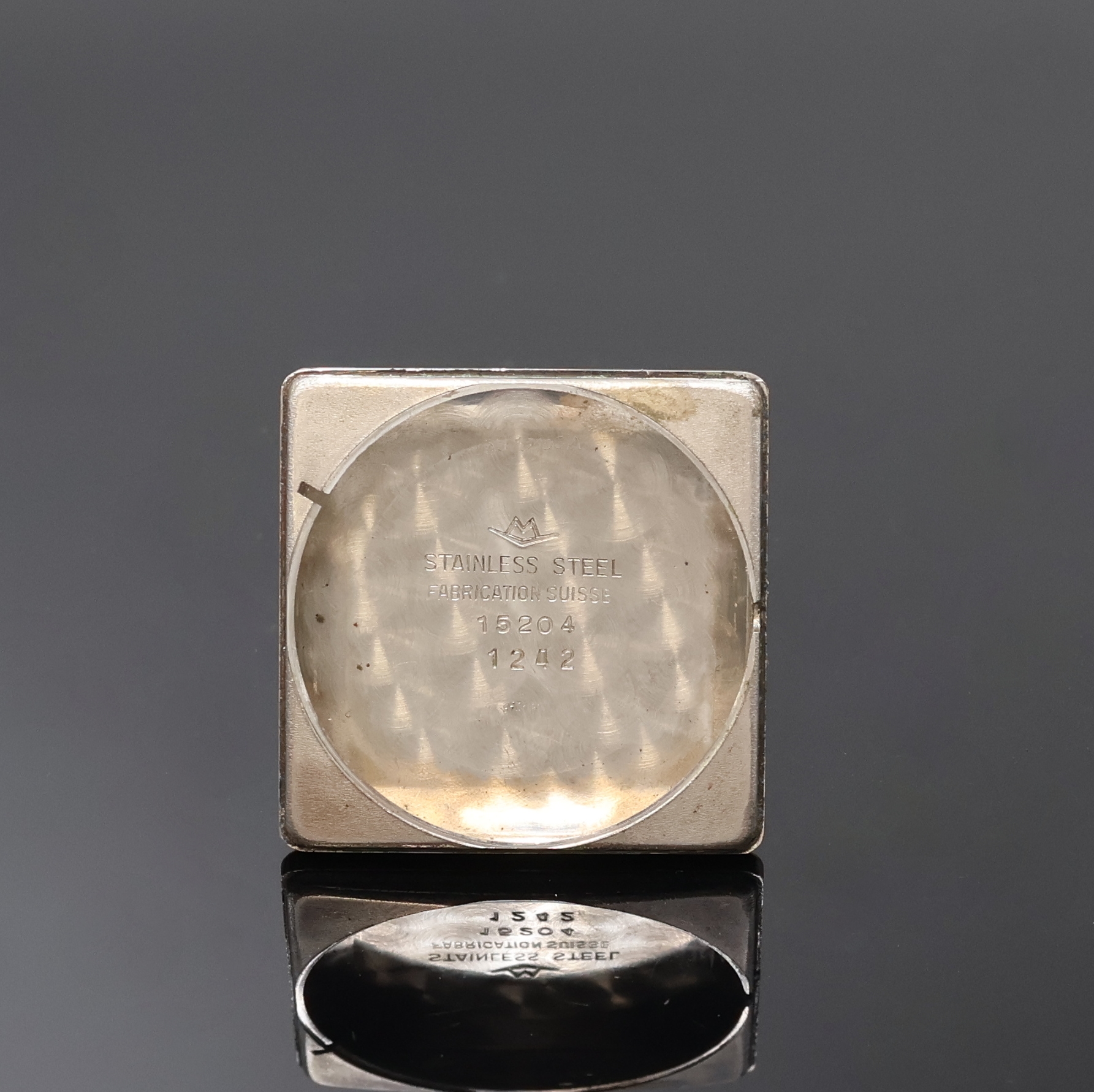 Detail f: MOVADO Kingmatic viereckige Armbanduhr in Stahl, Schweiz um 1965, Automatik, Boden aufgedr., silb. Zifferbl. m. aufges. Std.- Ind., silb. Std.- u. ...