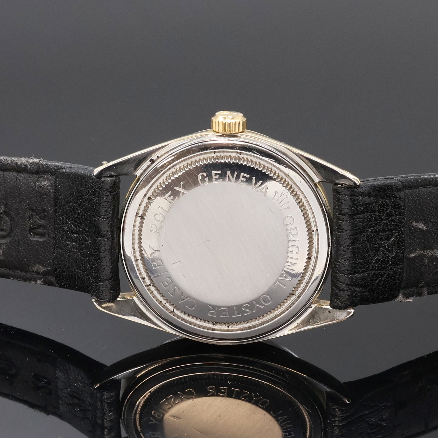 Detail b: TUDOR Oysterdate Herrenarmbanduhr mit Goldhaube, Schweiz um 1960, Automatik, Boden u. Krone verschr., schön erhaltenes schwarzes Rose Zifferbl. m. ...
