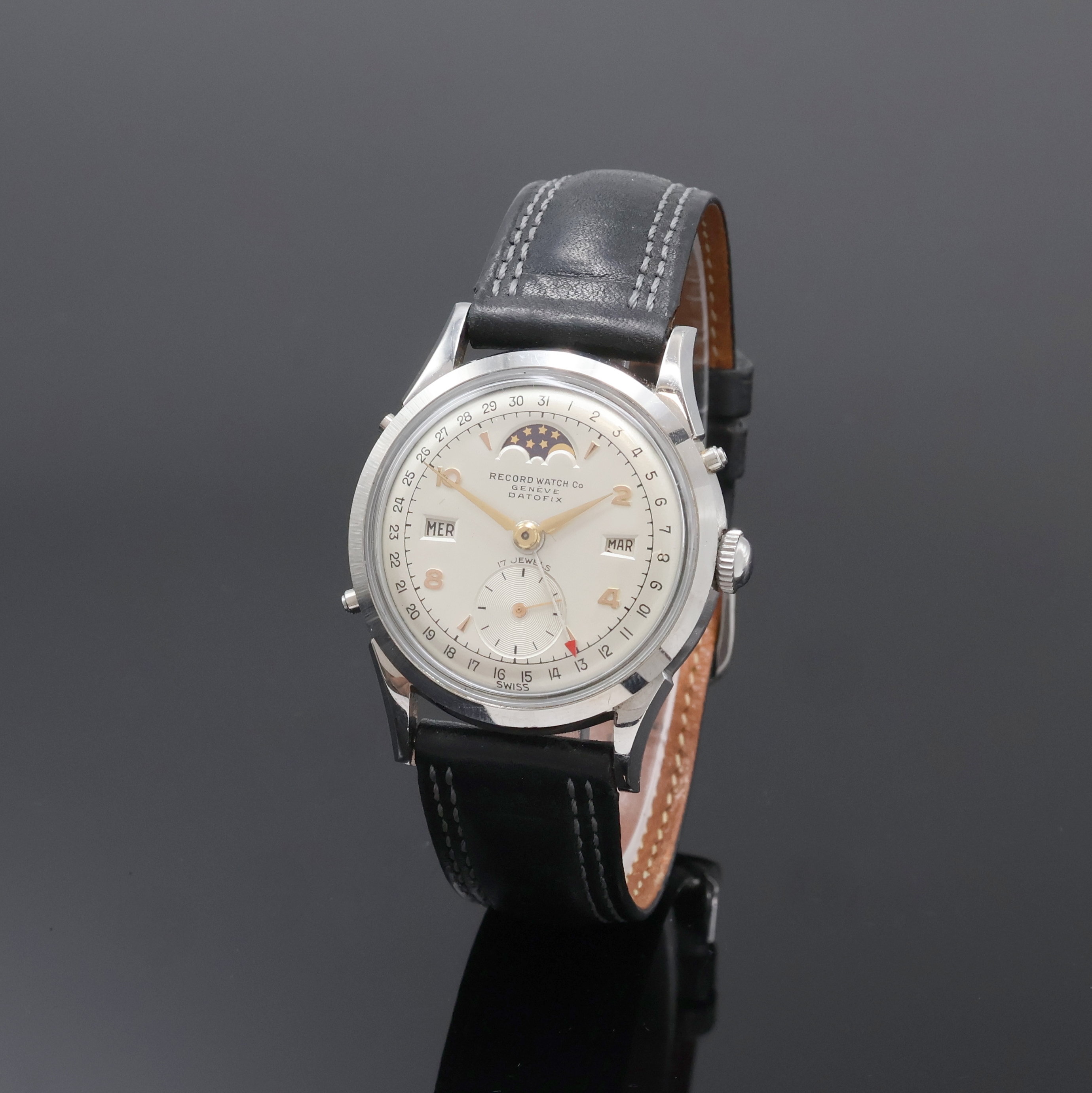 Image 27062083 - RECORD WATCH Datofix Herrenarmbanduhr mit Vollkalender und Mondphase, Schweiz 1940er ...