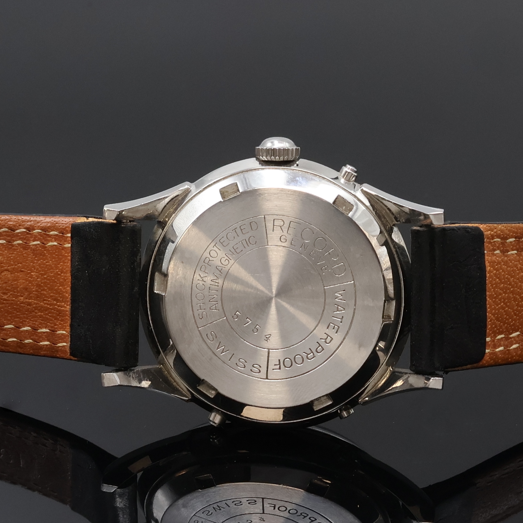 Detail d: RECORD WATCH Datofix Herrenarmbanduhr mit Vollkalender und Mondphase, Schweiz 1940er Jahre, Handaufzug, Edelstahlgeh., Boden verschr., Korrekturdr. ...
