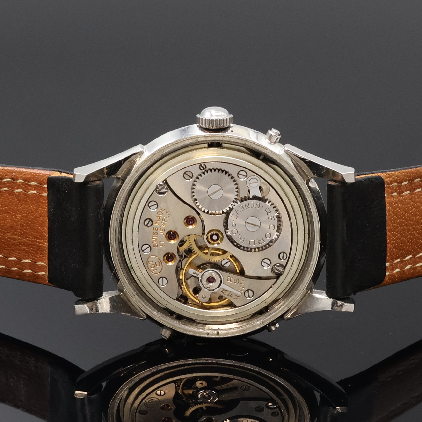 Detail e: RECORD WATCH Datofix Herrenarmbanduhr mit Vollkalender und Mondphase, Schweiz 1940er Jahre, Handaufzug, Edelstahlgeh., Boden verschr., Korrekturdr. ...