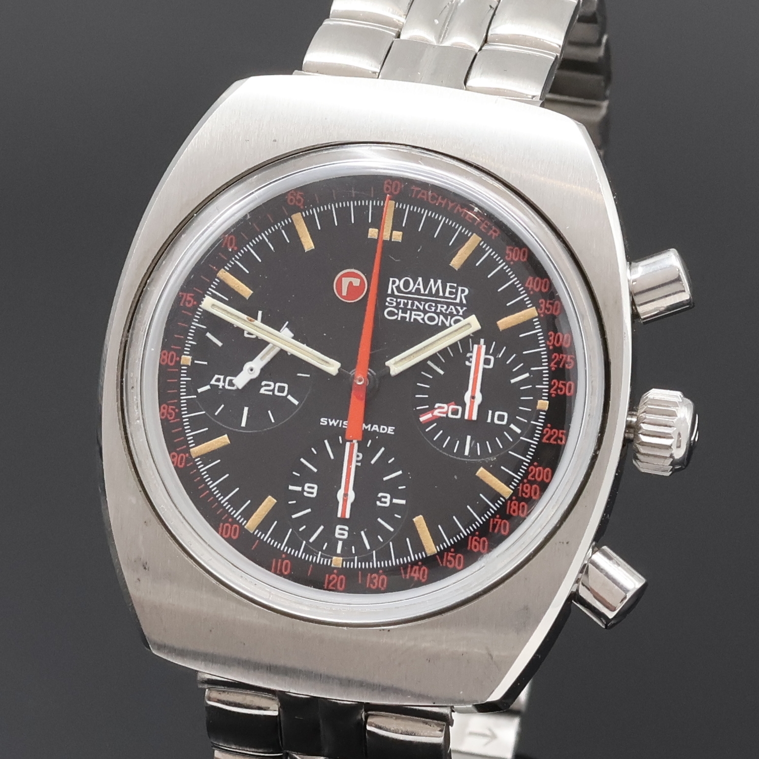 Detail a: ROAMER Stingray Herrenchronograph in Stahl Referenz 072-9120.602, Schweiz um 1970, Handaufzug, mass. Stülpgeh., neutr. Stahlband m. Faltschl., ...