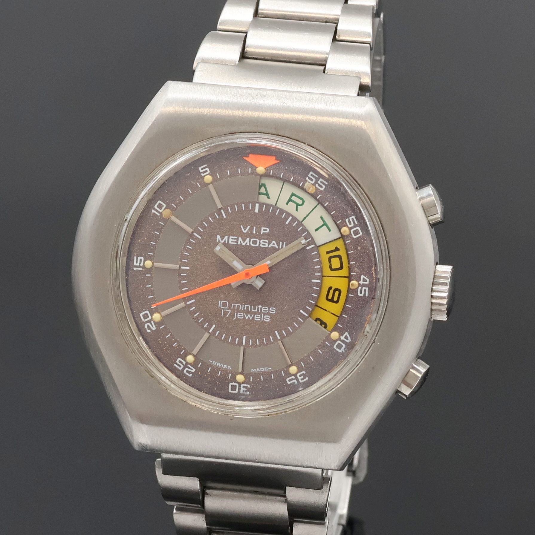 Detail a: VIP MEMOSAIL Regatta-Chronograph in Stahl, Schweiz um 1970, Handaufzug, massives Edelstahlgeh., verschr. Boden, orig. Gliederband m. Faltschl., ehem. ...