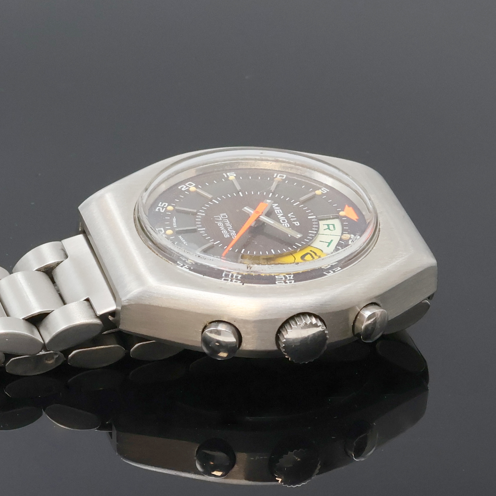 Detail c: VIP MEMOSAIL Regatta-Chronograph in Stahl, Schweiz um 1970, Handaufzug, massives Edelstahlgeh., verschr. Boden, orig. Gliederband m. Faltschl., ehem. ...