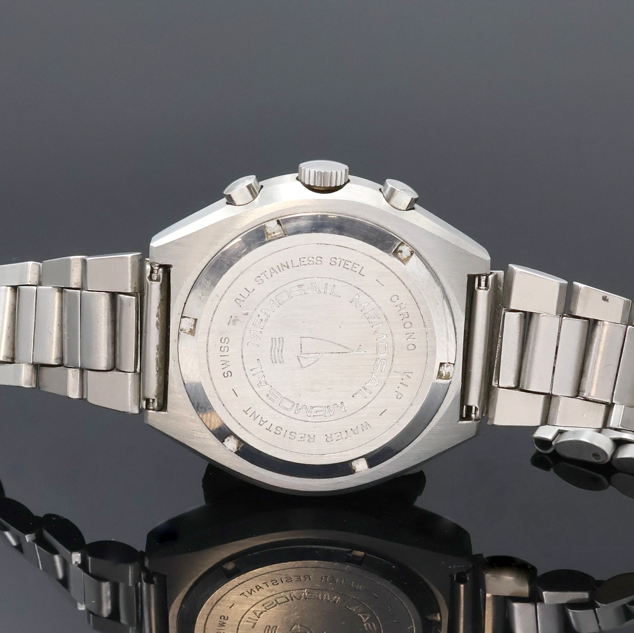 Detail d: VIP MEMOSAIL Regatta-Chronograph in Stahl, Schweiz um 1970, Handaufzug, massives Edelstahlgeh., verschr. Boden, orig. Gliederband m. Faltschl., ehem. ...