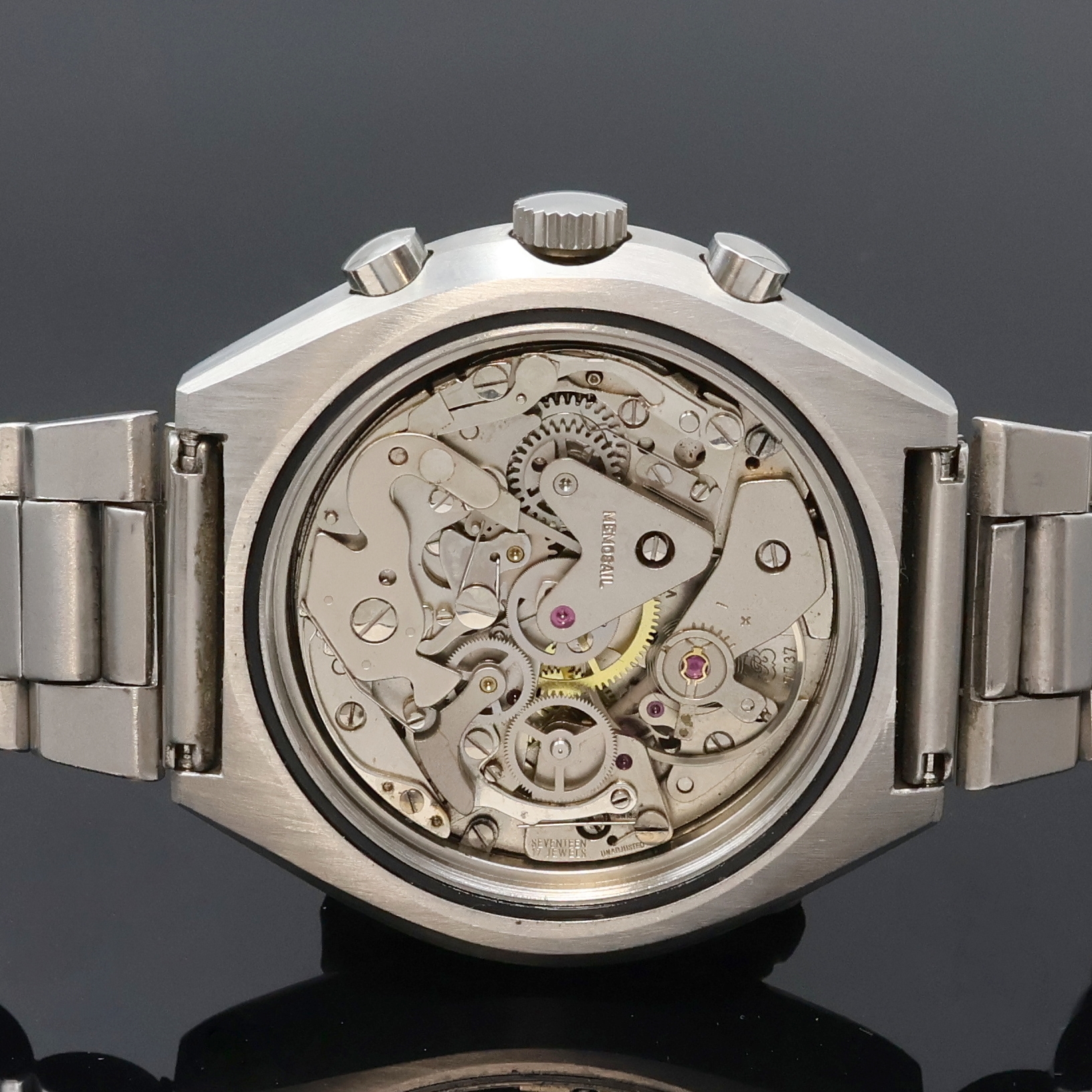 Detail e: VIP MEMOSAIL Regatta-Chronograph in Stahl, Schweiz um 1970, Handaufzug, massives Edelstahlgeh., verschr. Boden, orig. Gliederband m. Faltschl., ehem. ...