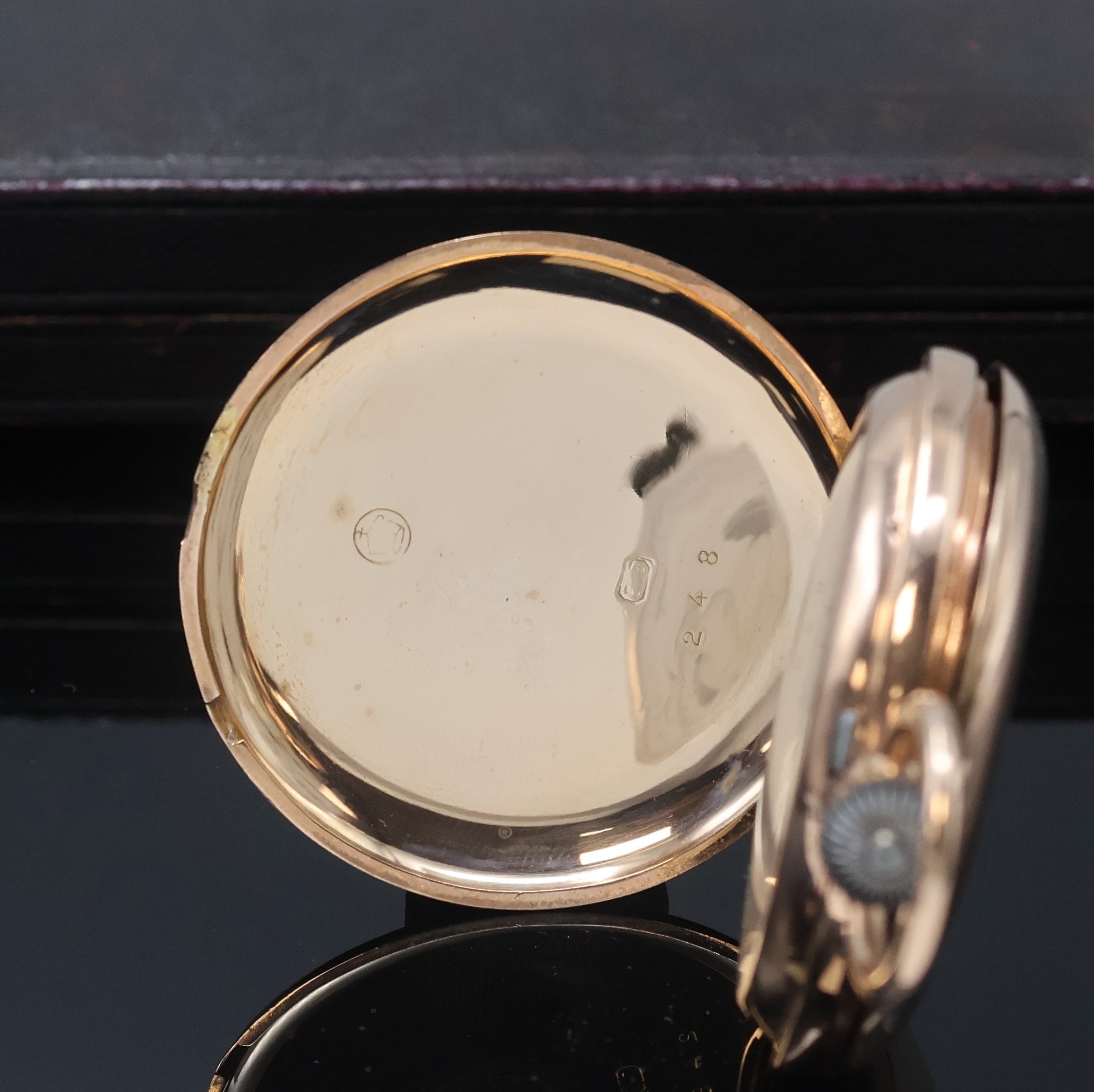 Detail a: DEUTSCHE UHRENFABRIKATION A. LANGE & SÖHNE frühe Savonette Herrentaschenuhr in RG 585/000, Werk- und Geh.-Nr. 23248, Deutschland laut Kopie des ...