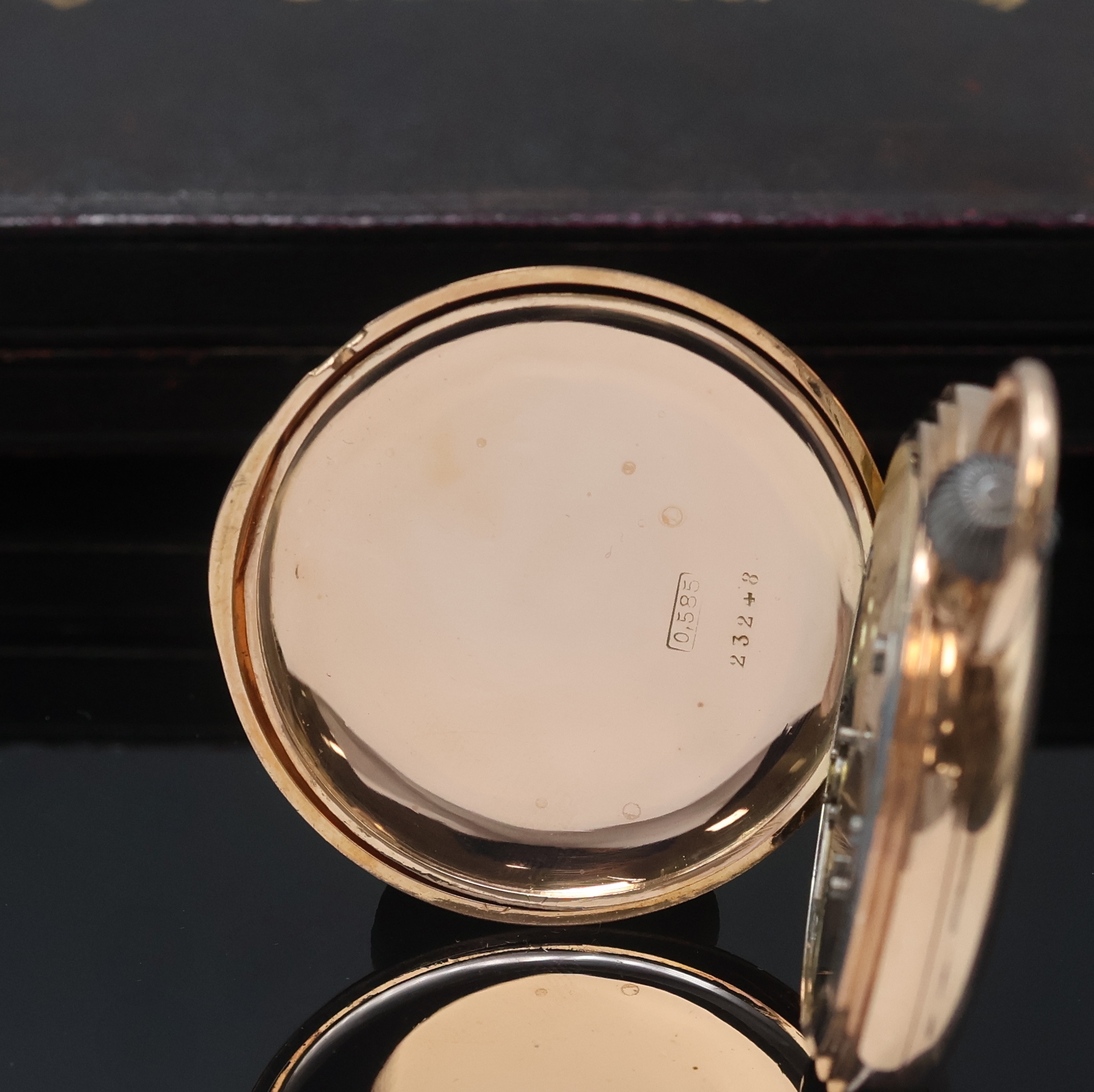 Detail e: DEUTSCHE UHRENFABRIKATION A. LANGE & SÖHNE frühe Savonette Herrentaschenuhr in RG 585/000, Werk- und Geh.-Nr. 23248, Deutschland laut Kopie des ...