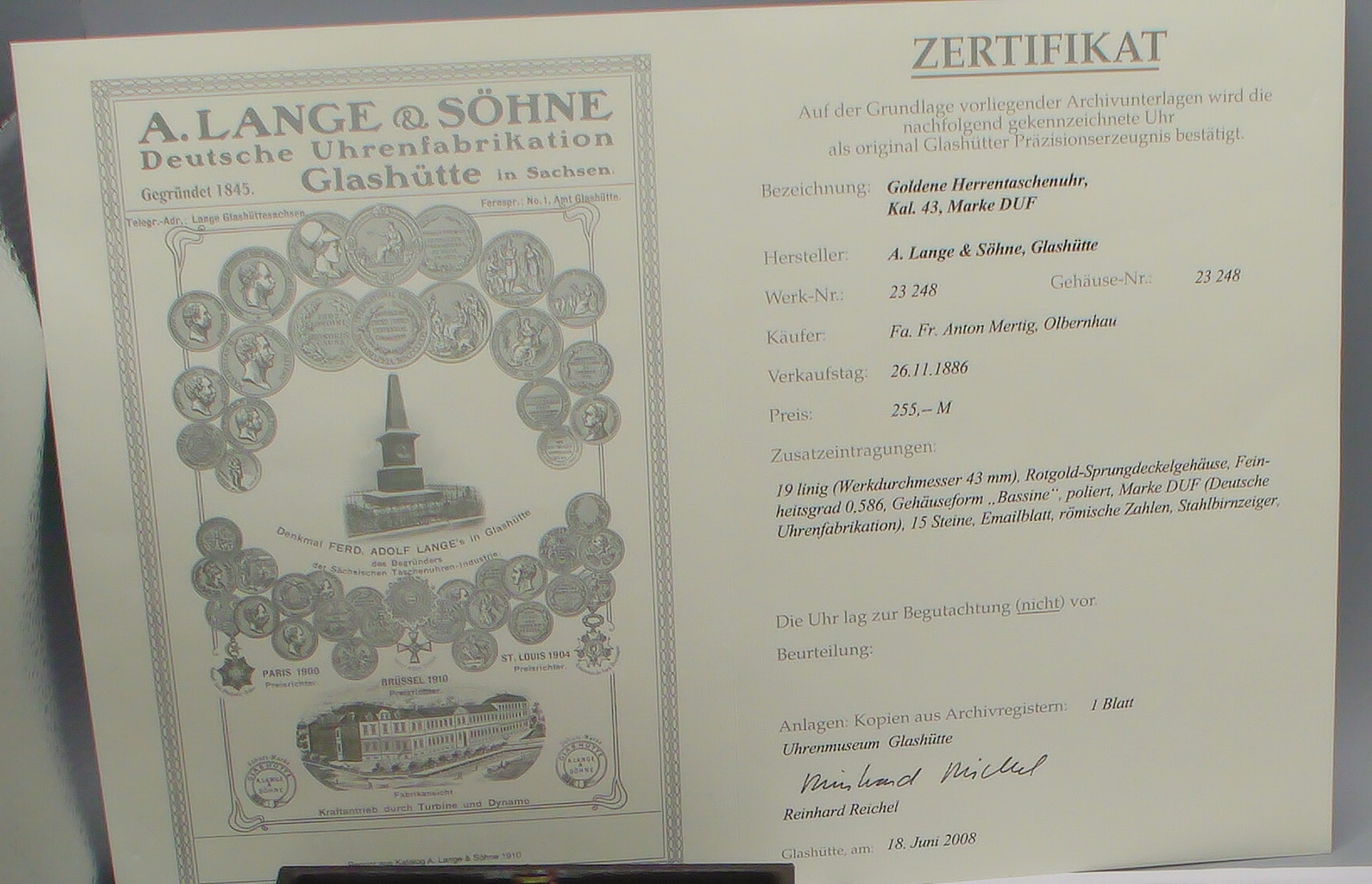 Detail g: DEUTSCHE UHRENFABRIKATION A. LANGE & SÖHNE frühe Savonette Herrentaschenuhr in RG 585/000, Werk- und Geh.-Nr. 23248, Deutschland laut Kopie des ...