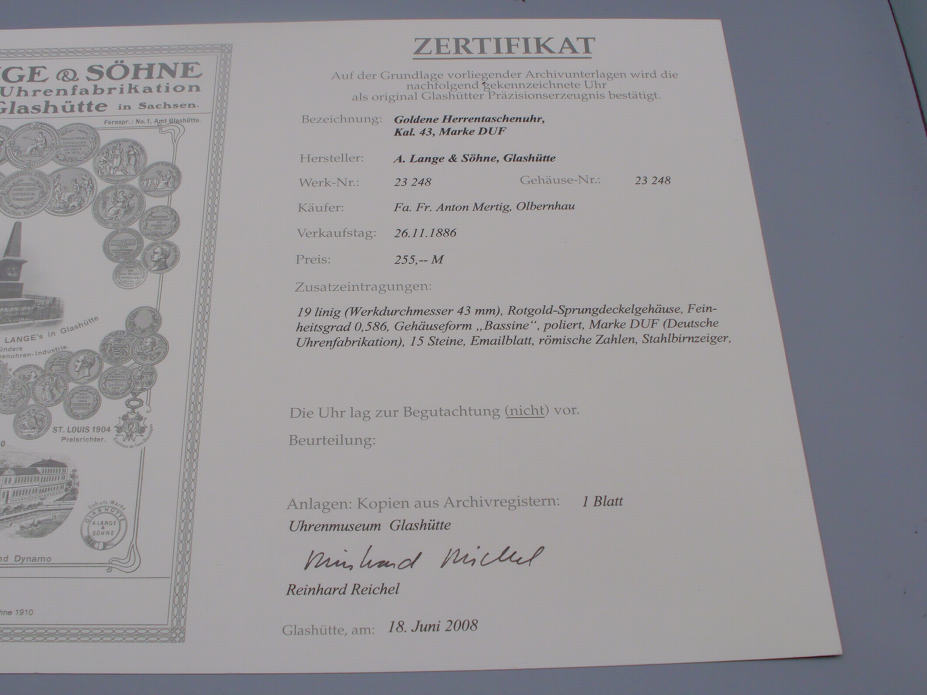Detail h: DEUTSCHE UHRENFABRIKATION A. LANGE & SÖHNE frühe Savonette Herrentaschenuhr in RG 585/000, Werk- und Geh.-Nr. 23248, Deutschland laut Kopie des ...