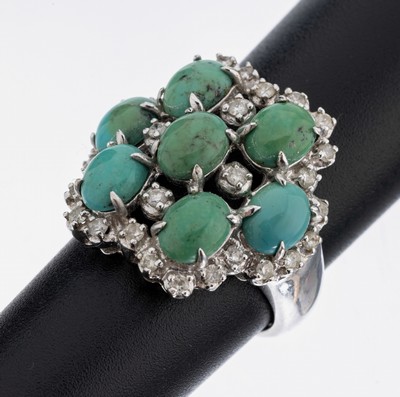 Image 18 kt Gold Türkis-Brillant-Ring, WG 750/000, durchbrochen gearbeitet, 7 ovale ...