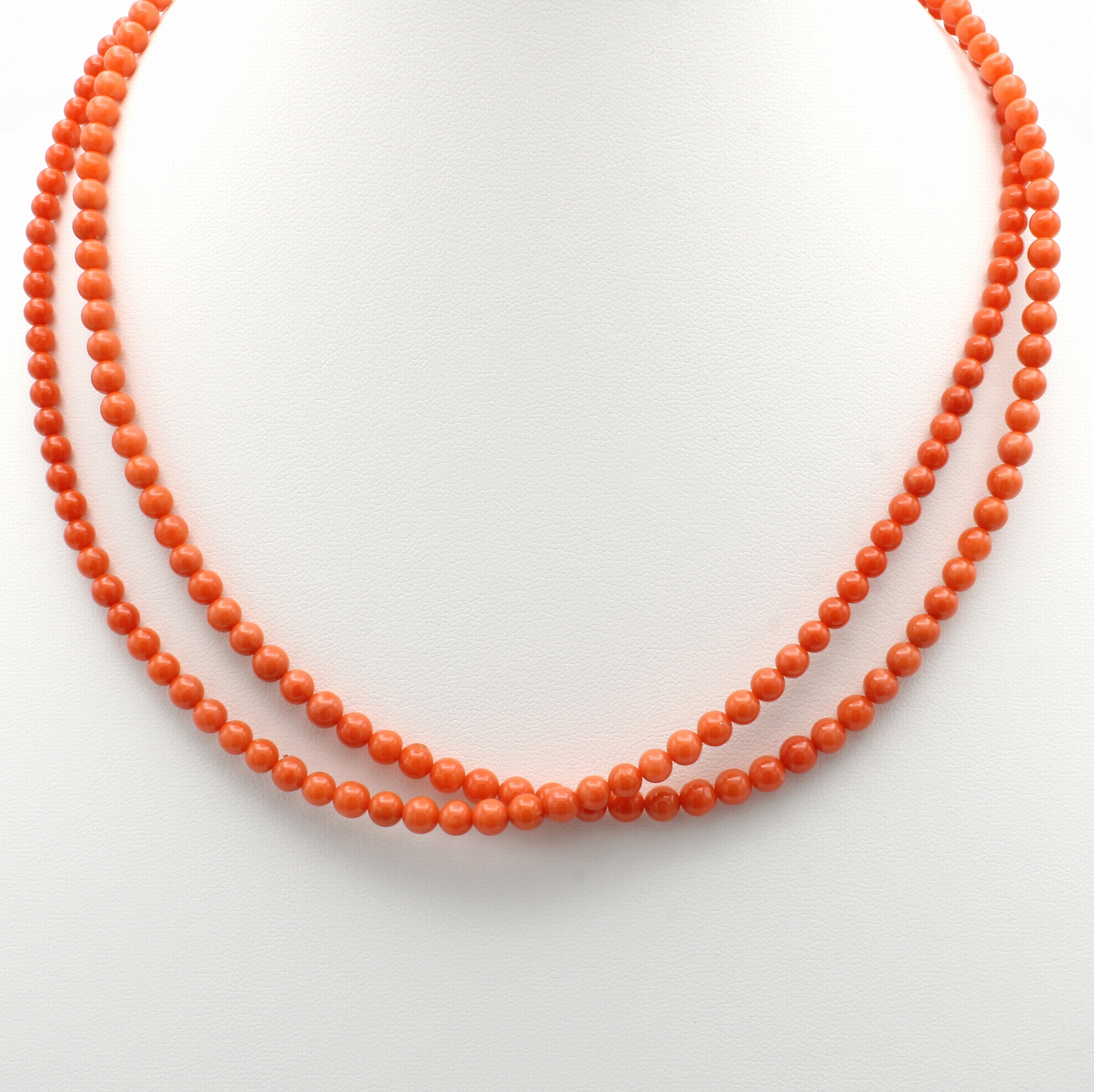 Image 27062257 - 2-reihige Kette mit Korallen, Silber 925/000, Karabinerschl., Korallkugeln, L. ca. 42 ...