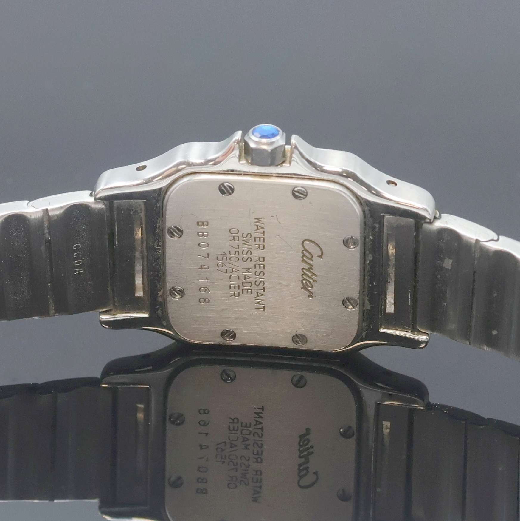 Detail e: CARTIER Damenarmbanduhr Santos Galbee Referenz 1567, Schweiz um 2000, quarz, Edelstahl/Gold kombiniert inkl. Gliederband m. Faltschl., Boden 8-fach ...