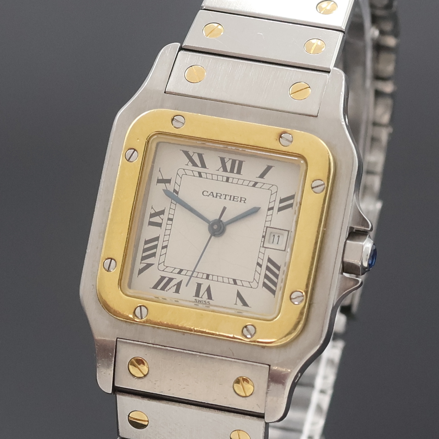 Detail a: CARTIER Santos Herrenarmbanduhr in Stahl/Gold Referenz 1172961, Schweiz um 1990, Automatik, Monocoque-Geh., Lünette 8-fach verschr., Gliederband m. ...