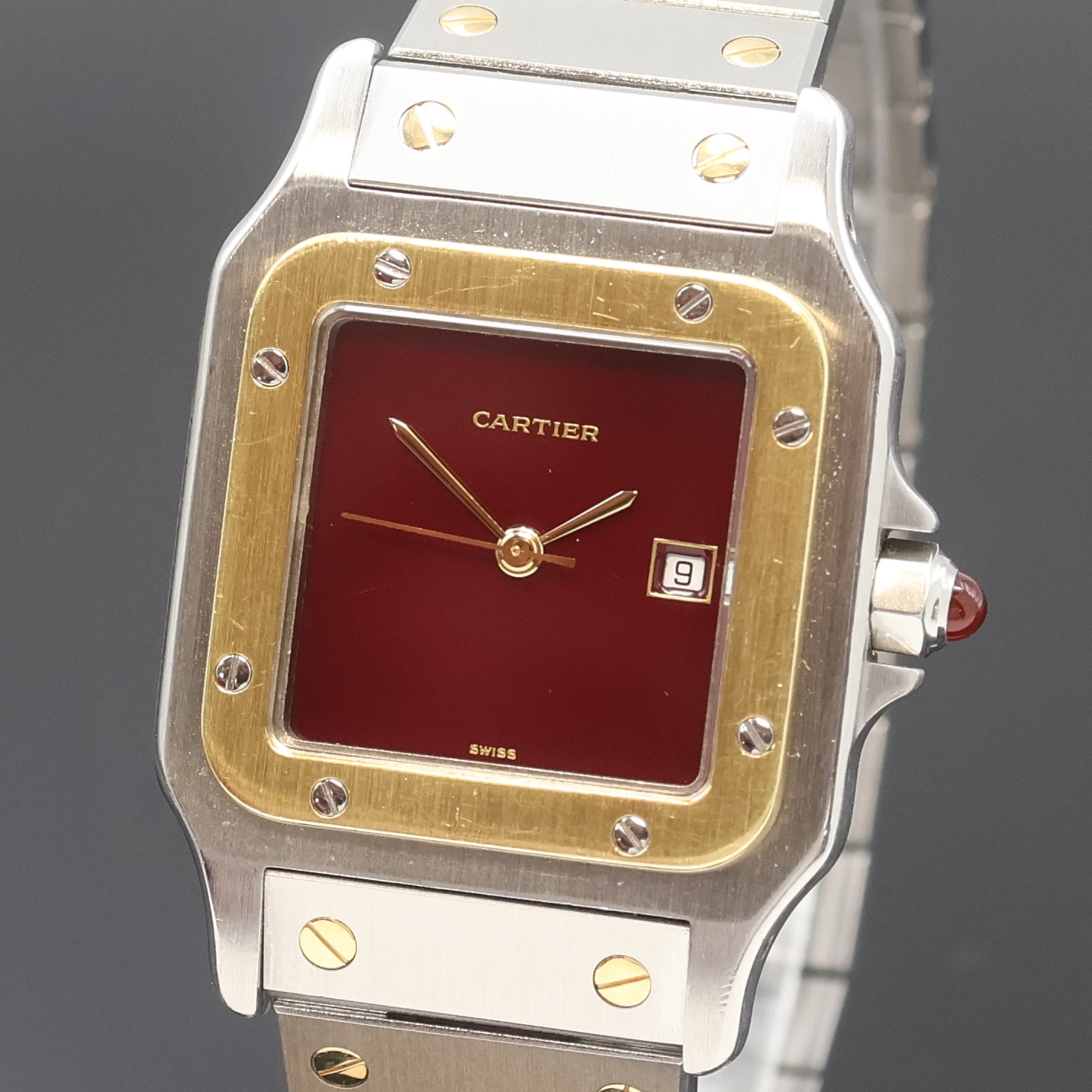 Detail a: CARTIER Santos Armbanduhr, Schweiz 1990er Jahre, Automatik, Edelstahl/Gold komb. inkl. Gliederband m. dopp. Faltschl., ausgefallenes ...