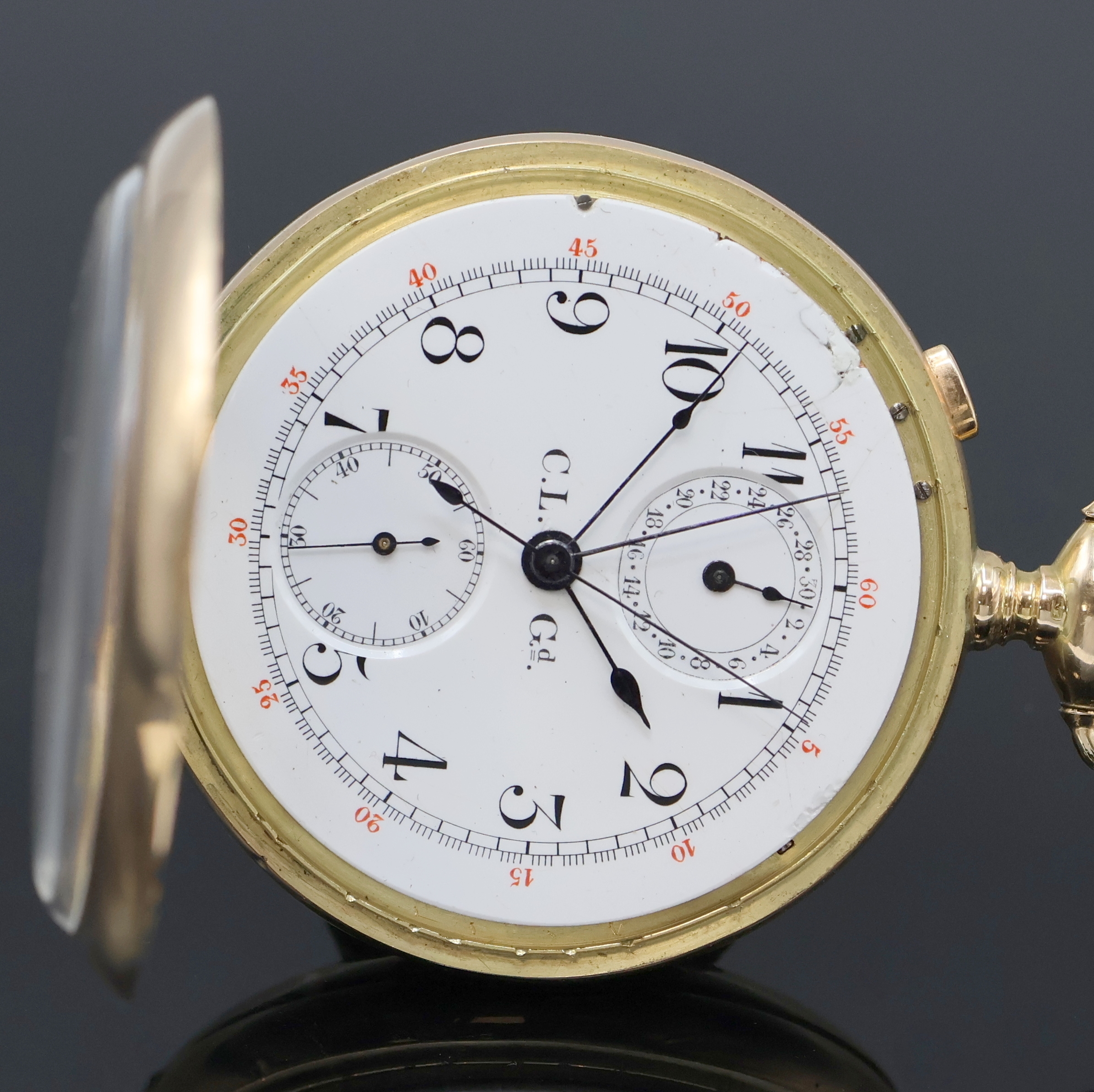 Detail a: Offene Herrentaschenuhr mit Chronograph- Rattrapante in GG 585/000, Schweiz um 1900, glattes Geh. dell., Drücker f. Rattrapante b. 11, ...