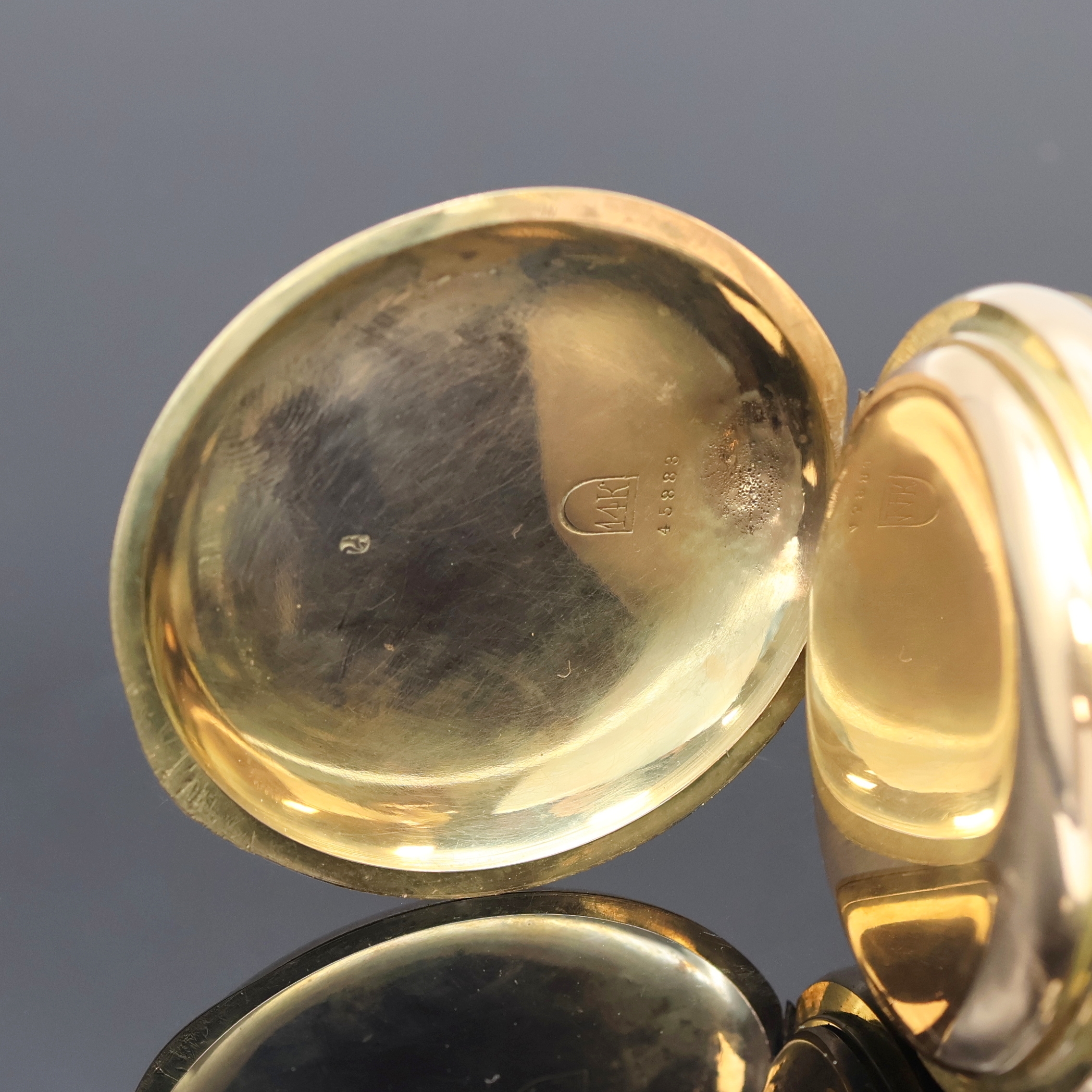 Detail b: Offene Herrentaschenuhr mit Chronograph- Rattrapante in GG 585/000, Schweiz um 1900, glattes Geh. dell., Drücker f. Rattrapante b. 11, ...