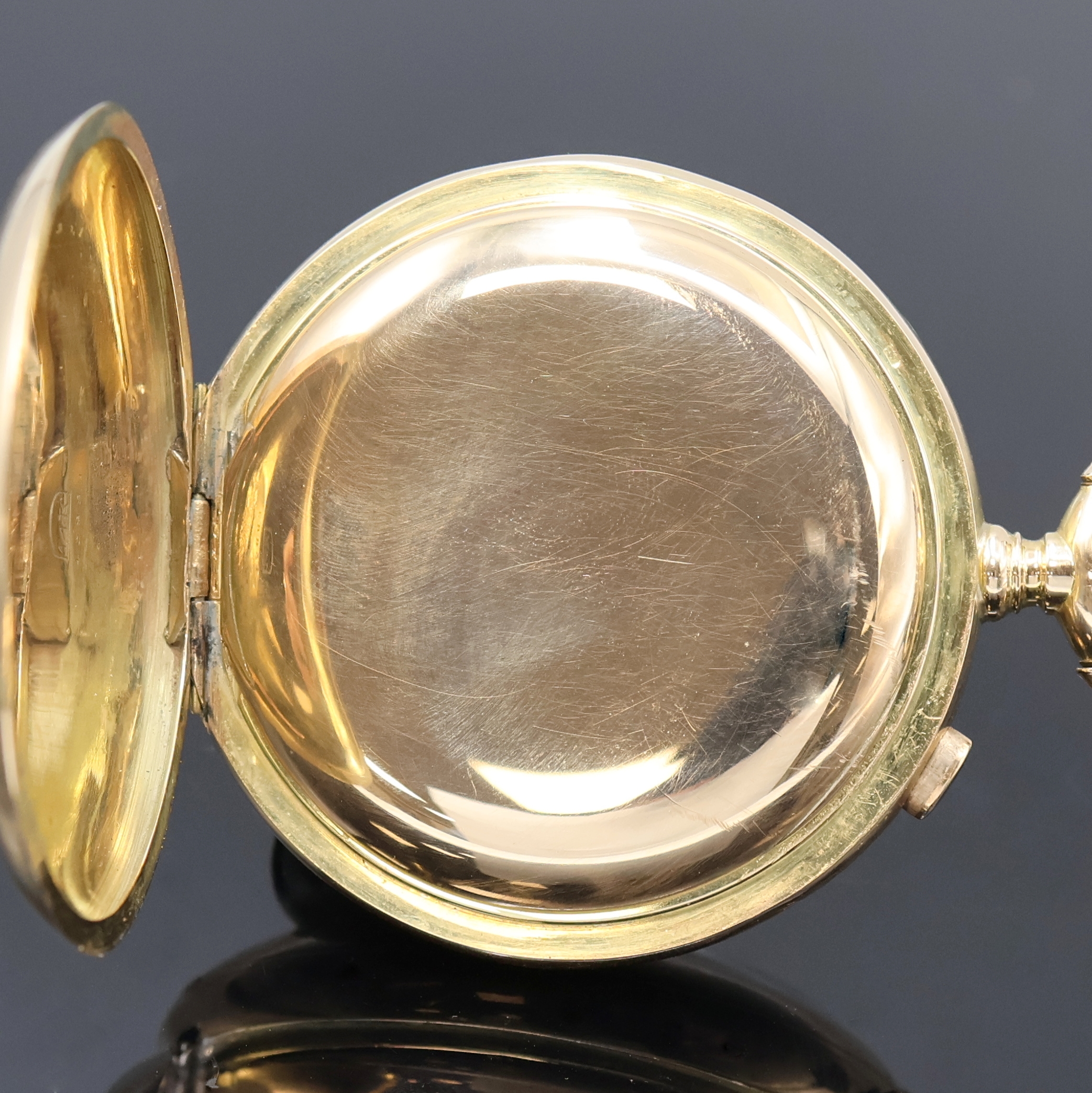 Detail c: Offene Herrentaschenuhr mit Chronograph- Rattrapante in GG 585/000, Schweiz um 1900, glattes Geh. dell., Drücker f. Rattrapante b. 11, ...
