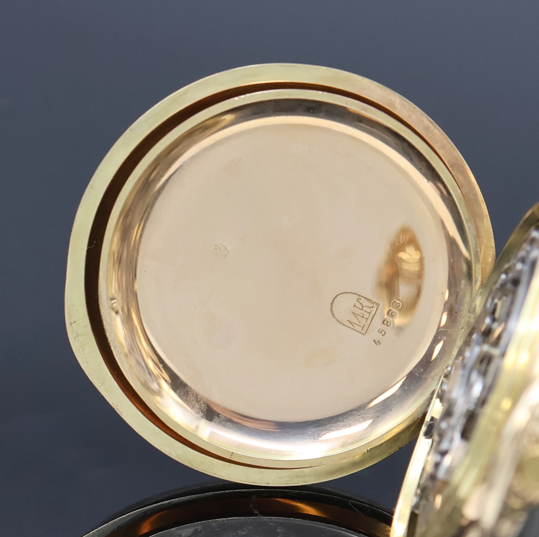 Detail d: Offene Herrentaschenuhr mit Chronograph- Rattrapante in GG 585/000, Schweiz um 1900, glattes Geh. dell., Drücker f. Rattrapante b. 11, ...